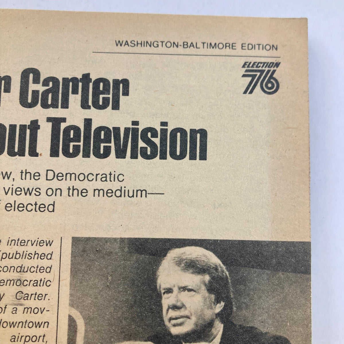 Article headline from TV Guide Magazine October 9 1976 titled 'Carter About Television,' including an image related to the political context of Election 76, reflecting the magazine's focus on cultural and political issues.