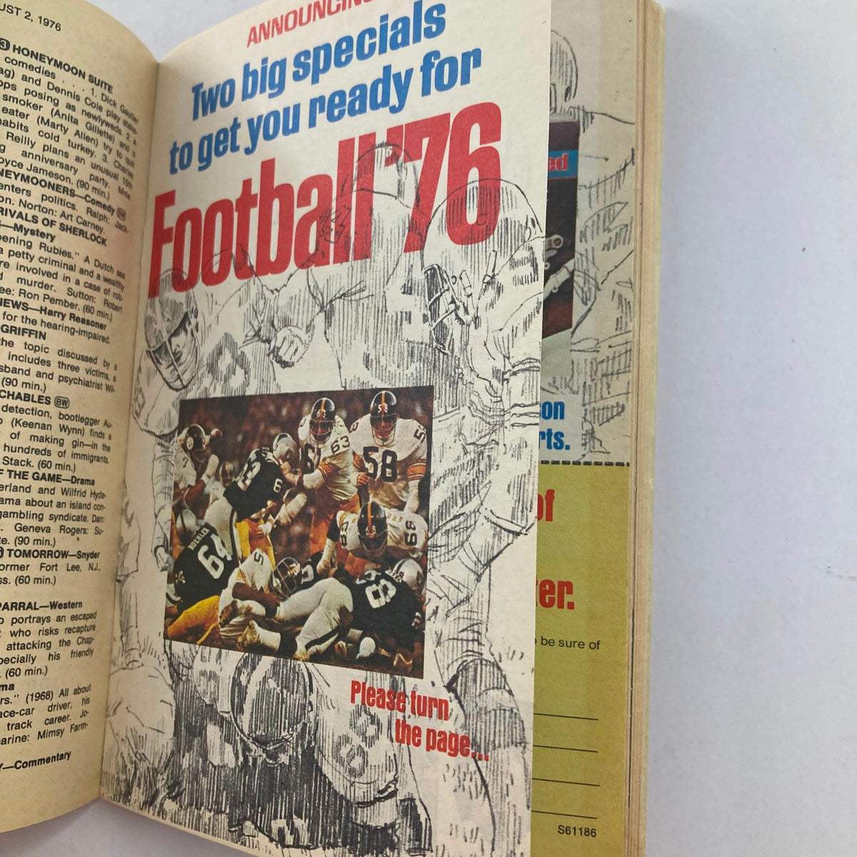 Inside page of the TV Guide Magazine July 31 1976 issue #1218, announcing football specials for the 1976 season. The page features a graphic illustration of football players, adding to the nostalgic content of the magazine.
