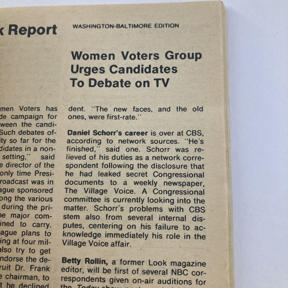 Image of a newspaper article from TV Guide Magazine, July 31, 1976, issue #1218, titled 'Women Voters Group Urges Candidates To Debate on TV', part of the Washington-Baltimore edition. It discusses the Women's Voters Group and political debates on television.