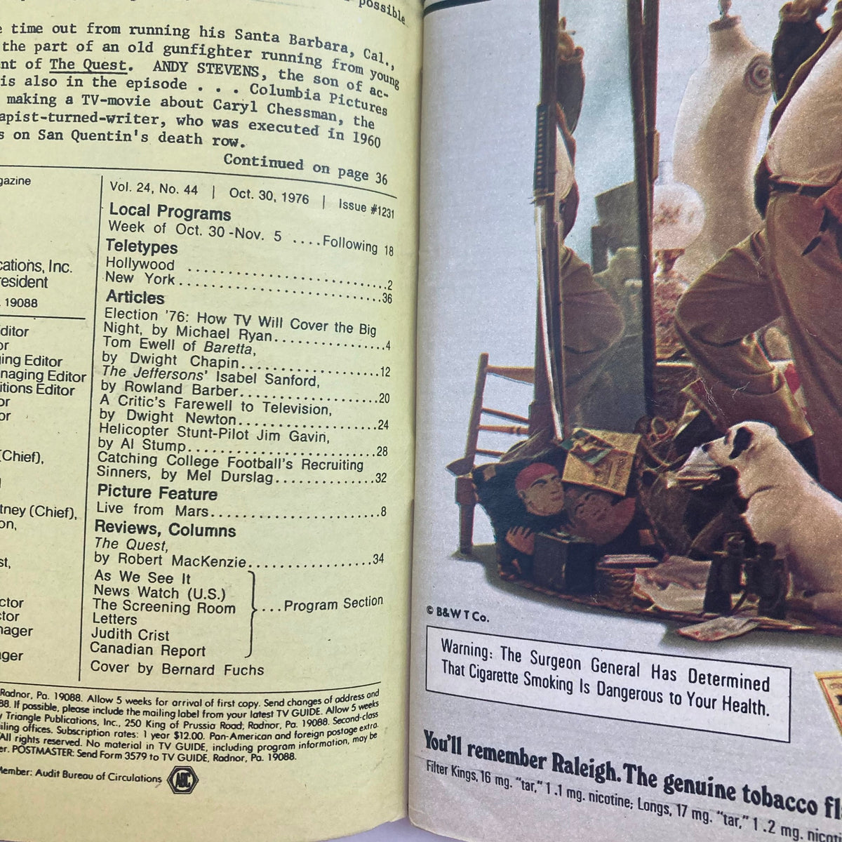 Interior page of TV Guide Magazine October 30 1976, issue #1231 featuring articles and broadcasts including a warning about cigarette smoking.