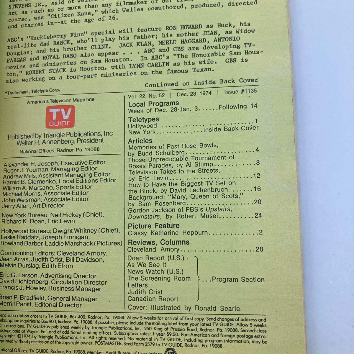Back cover of TV Guide Magazine December 28 1974 #1135 containing program listings and articles, including teletype and editorial details for television shows aired during that week.