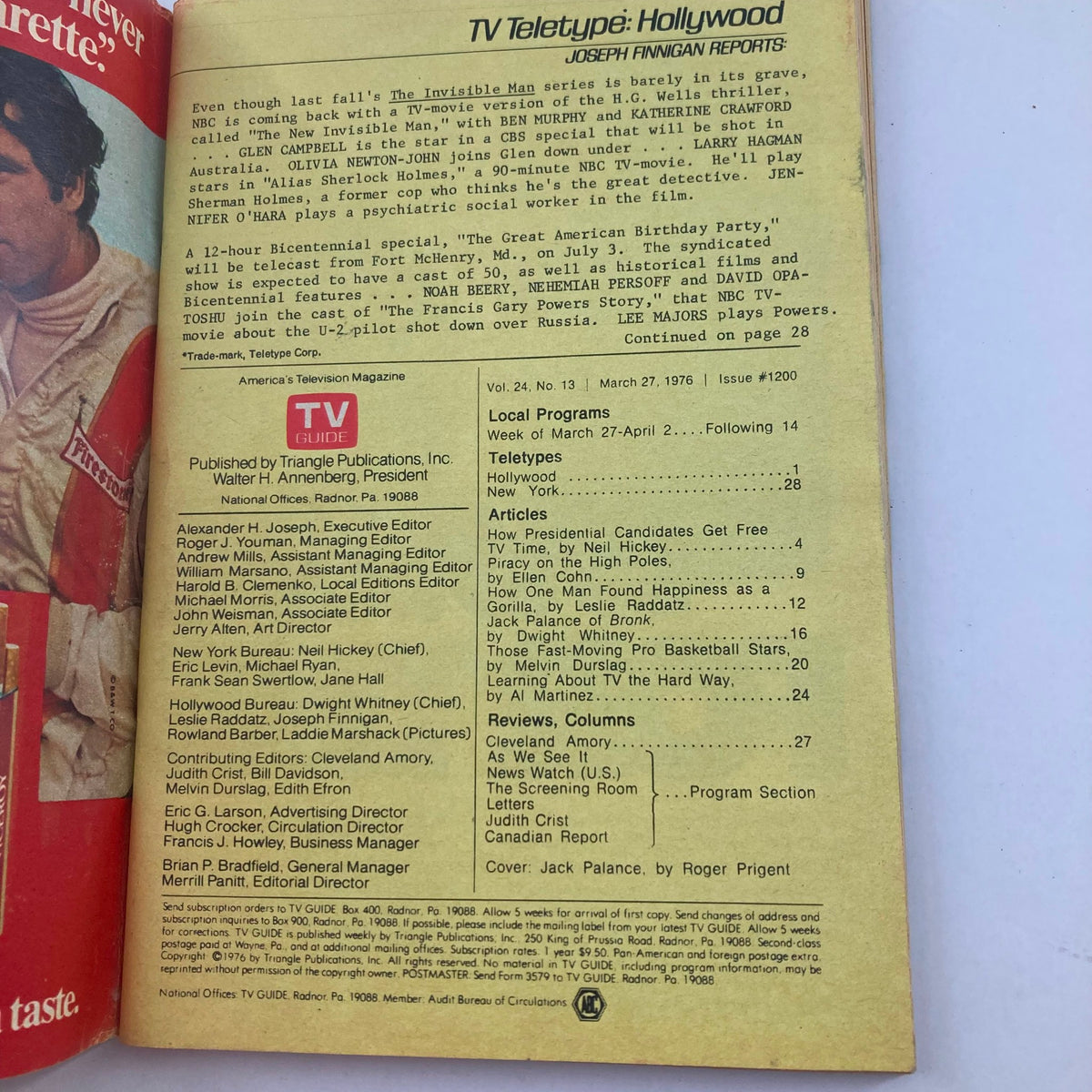 Inside page of TV Guide Magazine, March 27, 1976, detailing local programs and features of this iconic issue, #1200, with a focus on television history.