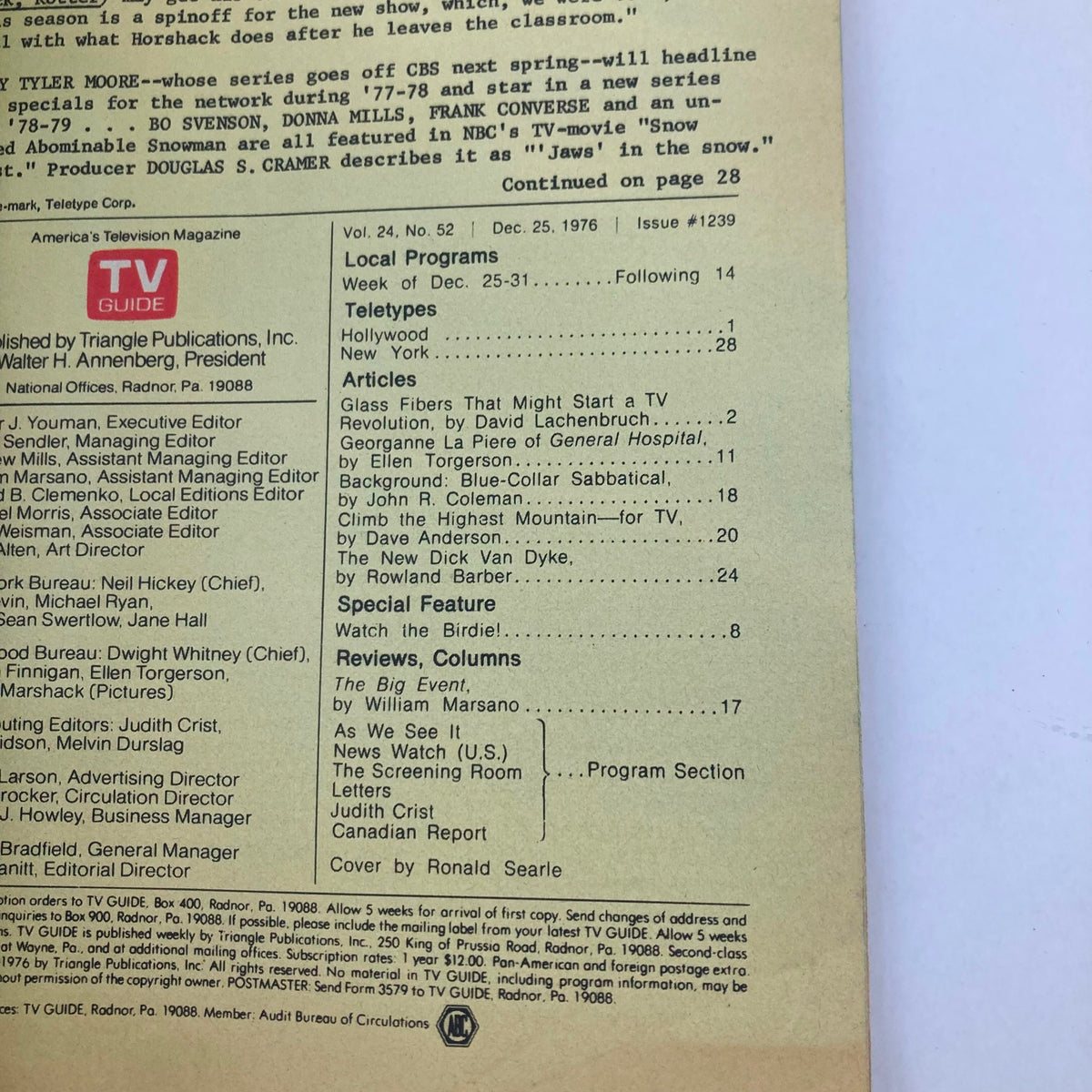 Back cover of TV Guide Magazine December 25 1976 #1239 featuring local programs and articles such as The Big Event.