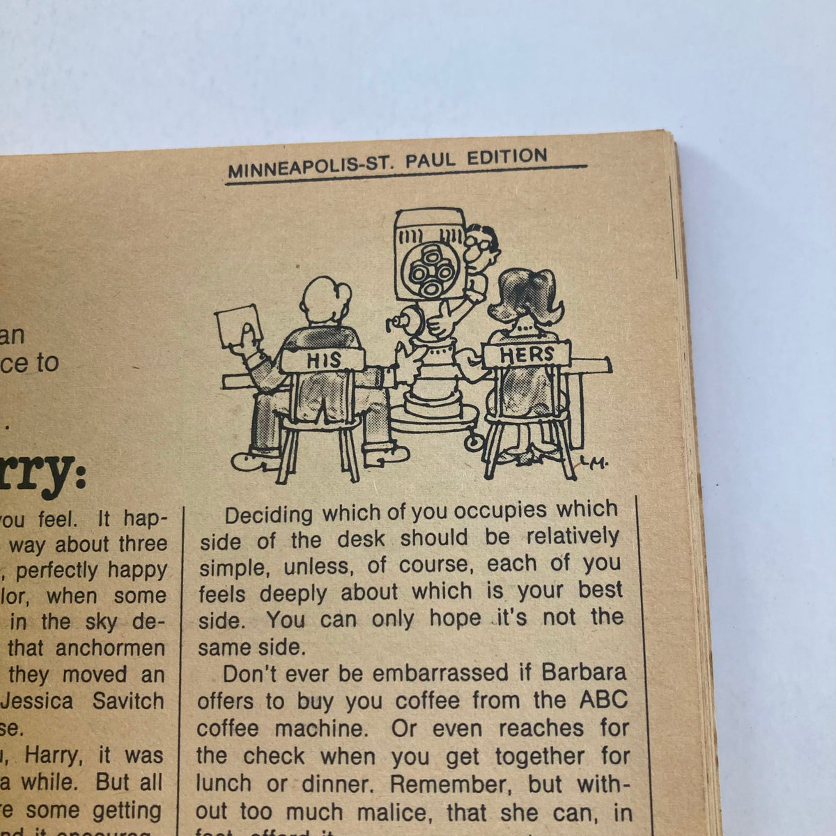 Illustration from TV Guide Magazine October 16 1976, depicting a humorous cartoon titled 'His and Hers' from the Minneapolis-St. Paul Edition.