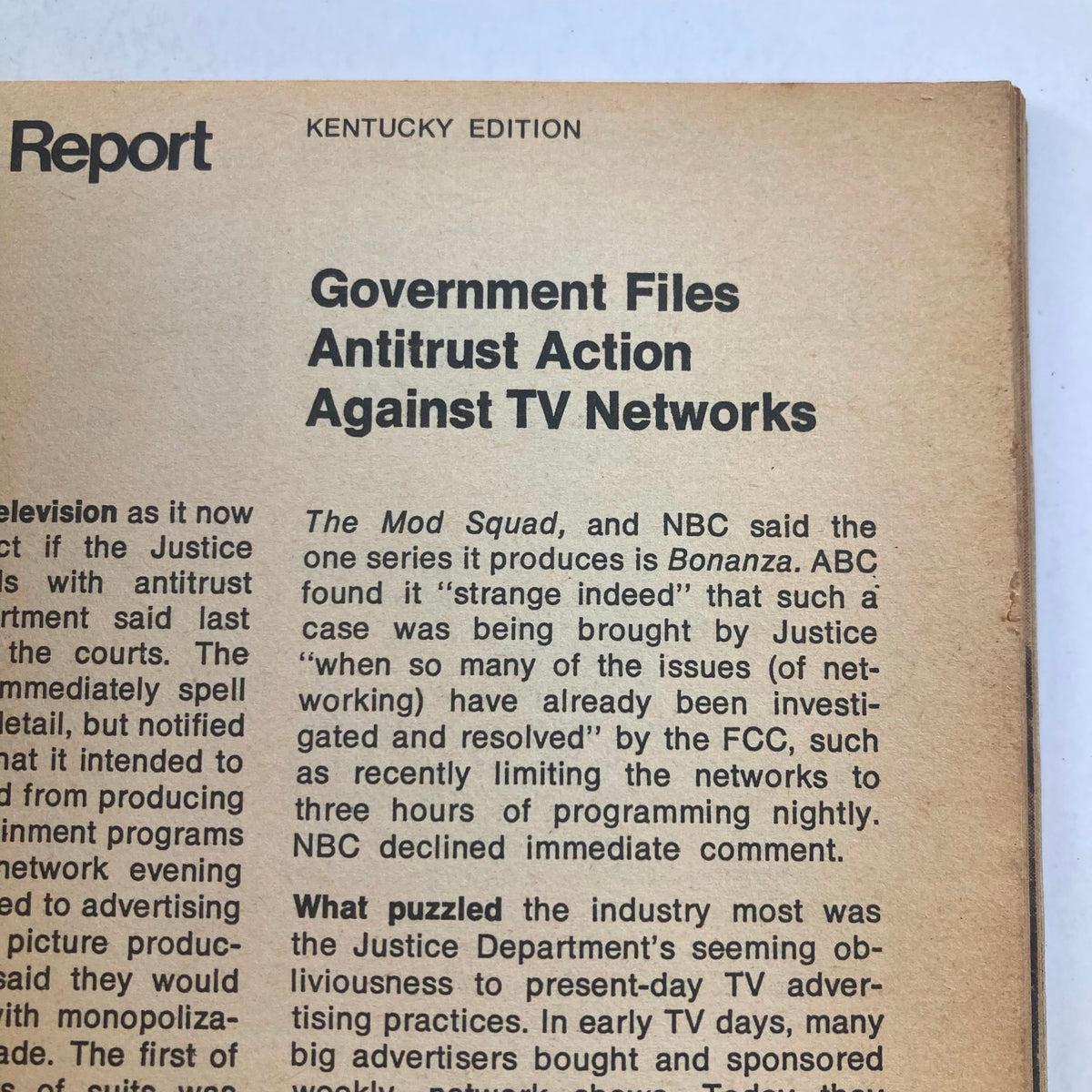 Report section of TV Guide Magazine April 22 1972 #995 Kentucky edition, discussing government antitrust action against TV networks.