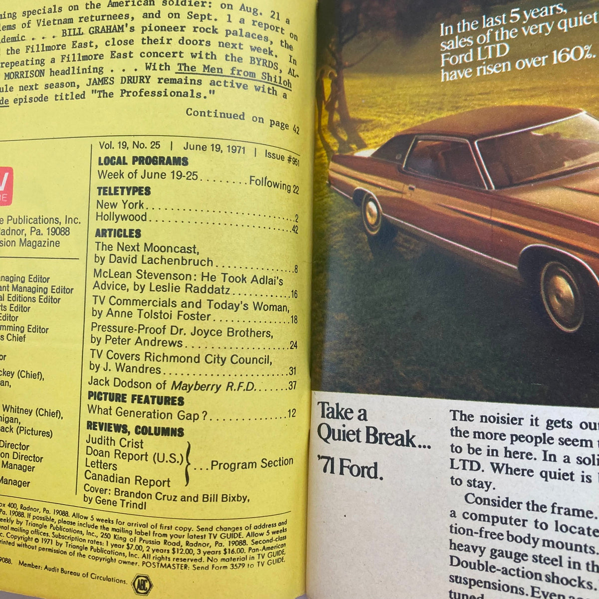 Page from TV Guide Magazine June 19 1971 listing local programs and articles including 'The Next Mooncast', featuring Brandon Cruz and Bill Bixby.