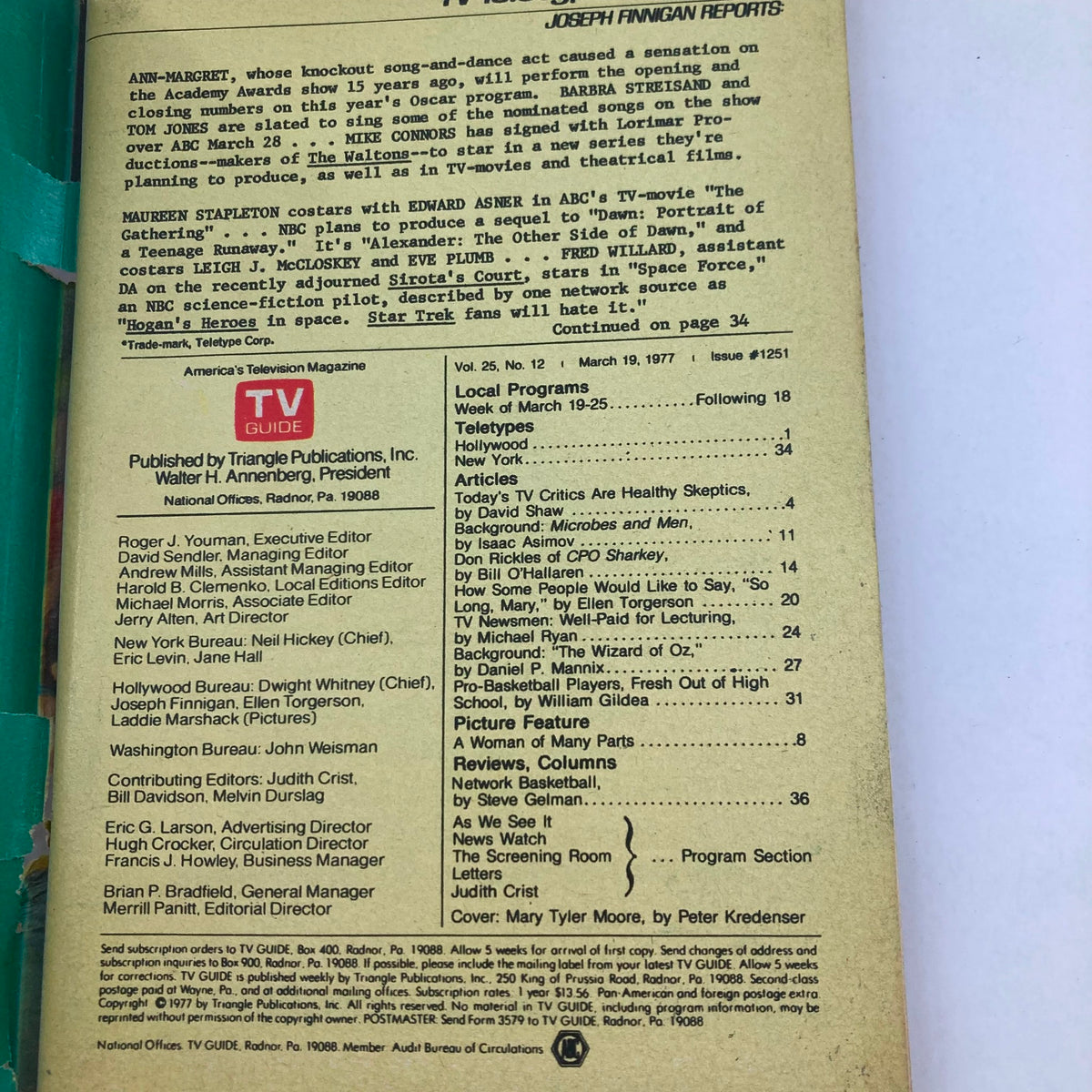 Back cover of TV Guide Magazine March 19 1977 #1251 featuring details about contributors and articles related to popular television shows, including mentions of Mary Tyler Moore.