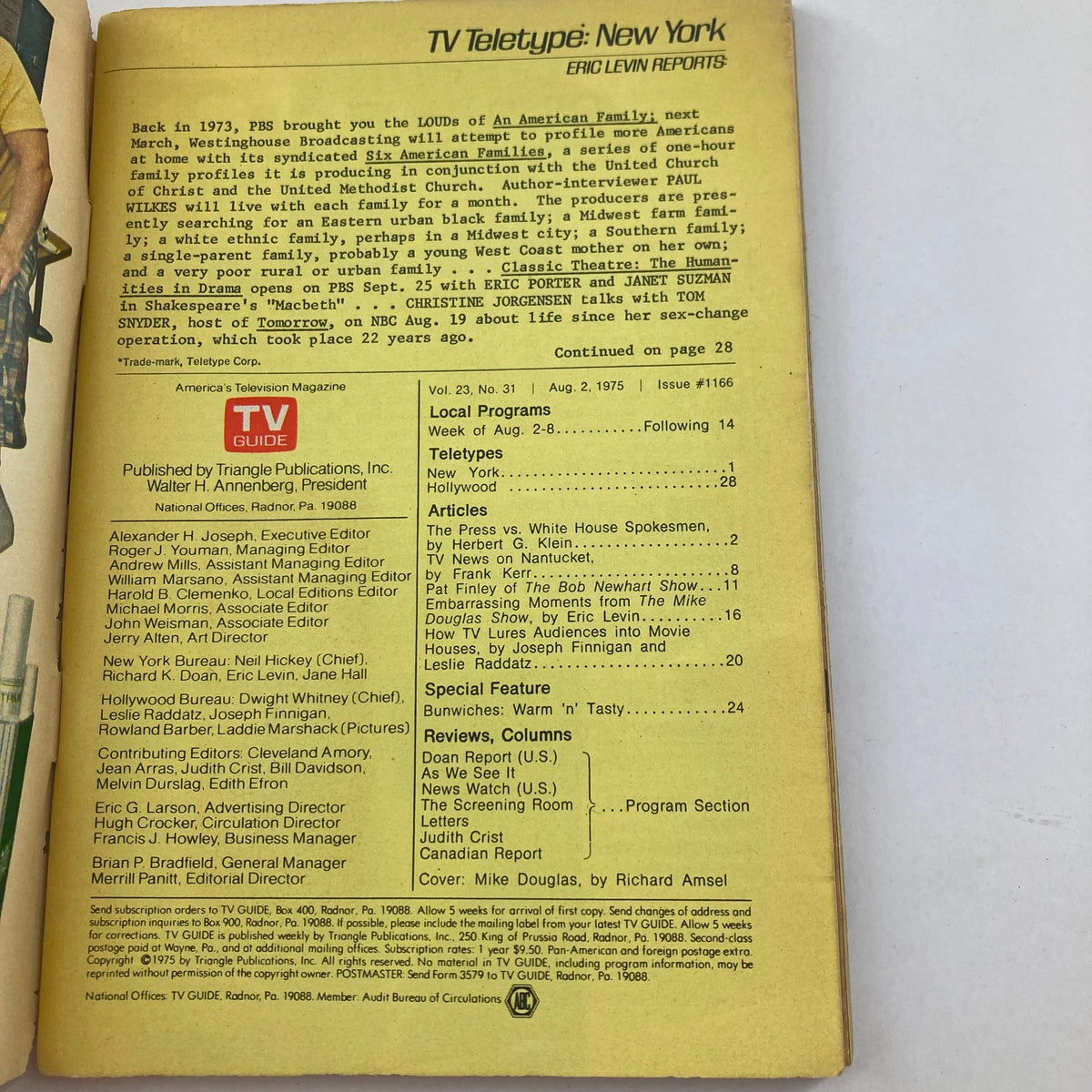 Inside page of TV Guide Magazine August 2 1975 #1166 displaying local programs and articles including ‘The Press vs. White House Spokesmen’ and details about TV shows.