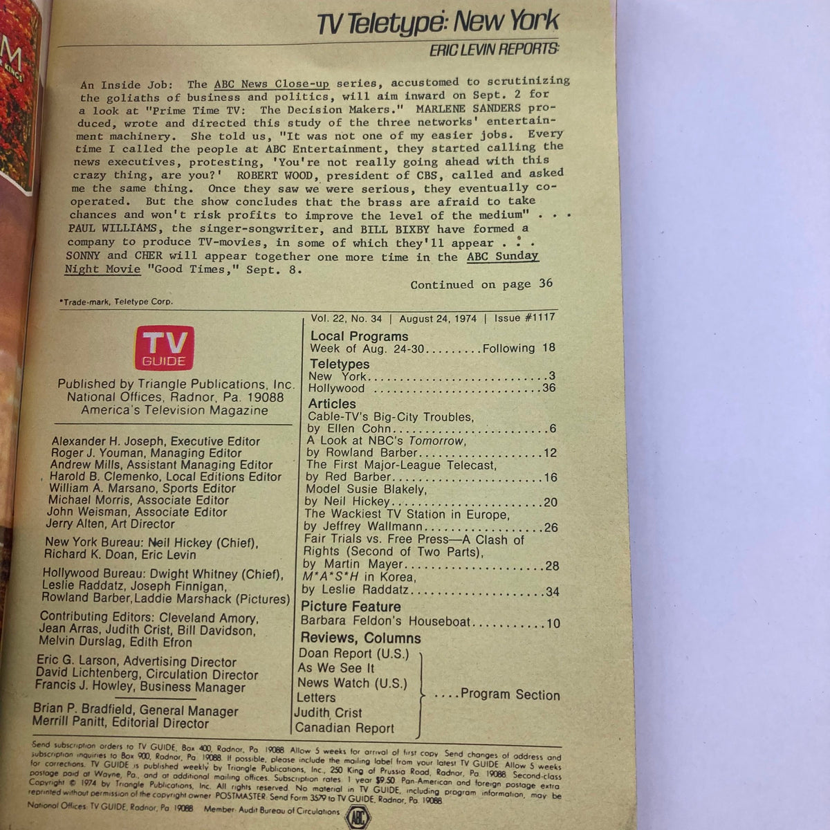 Back cover of TV Guide Magazine, August 24, 1974, Issue #1117 showcasing the magazine's contents page. It includes details about television programs, reviews, and features from that week.