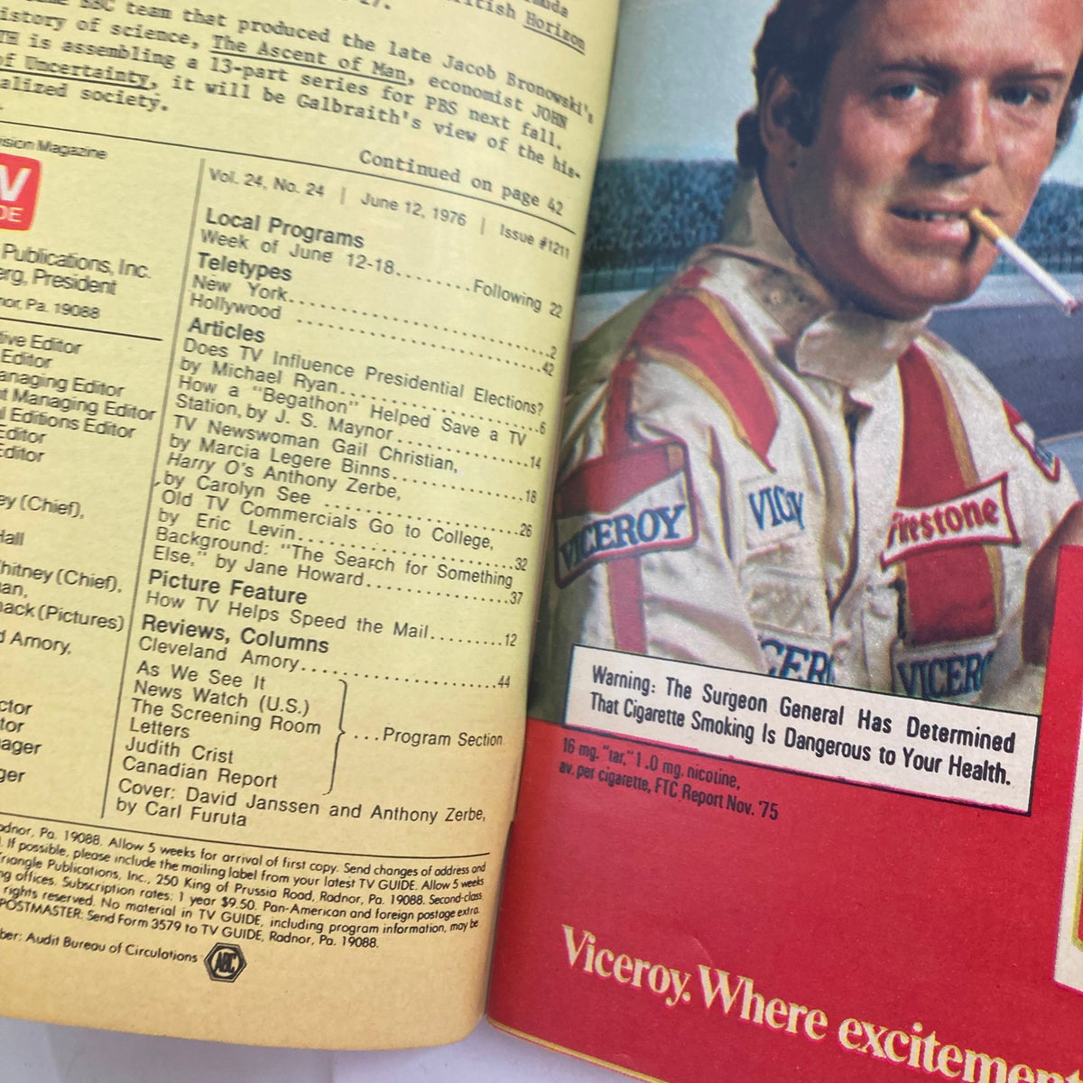 Interior page of TV Guide Magazine June 12 1976 #1211 featuring an article on programs and a photo of a man in racing gear, emphasizing the nostalgia of television history.