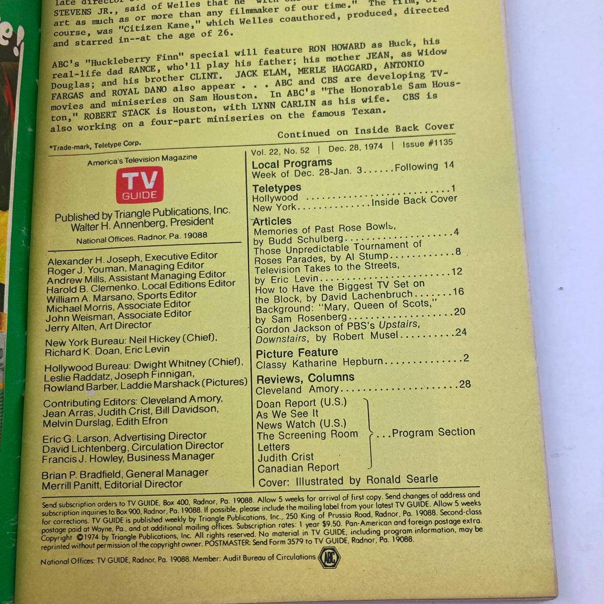 Inside back cover of TV Guide Magazine December 28 1974 Issue #1135, listing local programming and articles, highlighting the television landscape of the era, with a focus on popular shows and cultural insights.