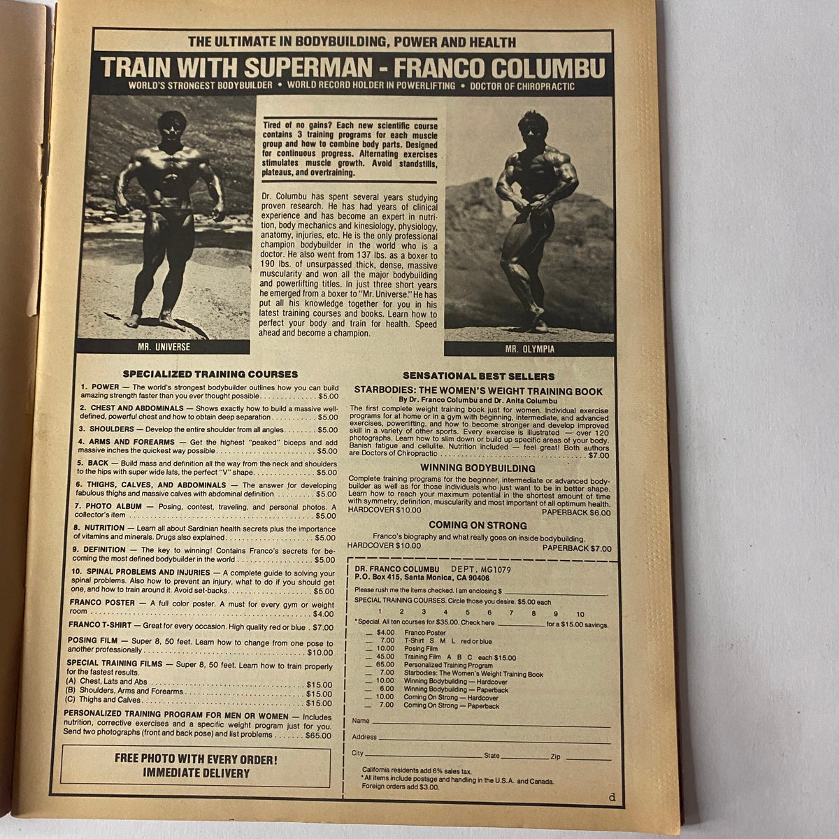 Muscle Up Magazine October 1979 Vol 1 No 1 Franco Columbu featuring an advertisement for bodybuilding courses with the text 'Train with Superman' and a photo of Mr. Universe.