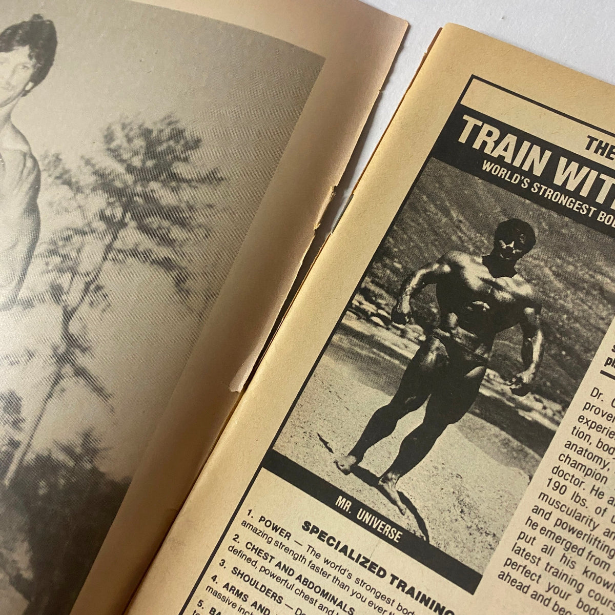 Muscle Up Magazine October 1979 Vol 1 No 1 Franco Columbu showcasing an image of Mr. Universe alongside training course details.