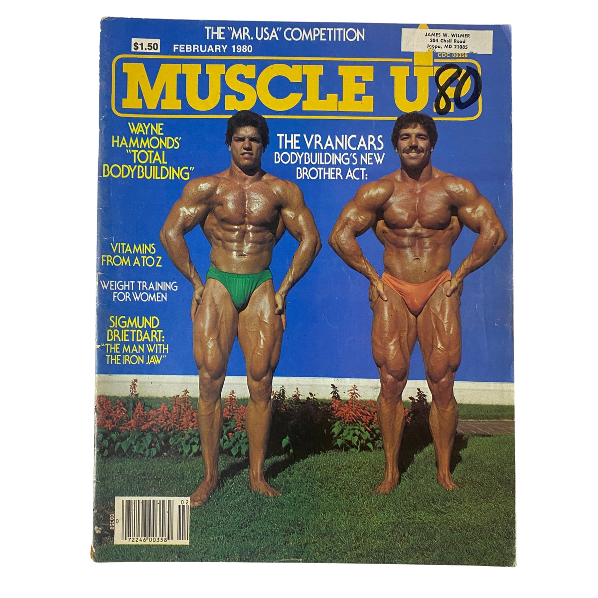 Muscle Up Magazine February 1980 featuring the Vranicar brothers, Marty and Peter Vranicar, showcasing their impressive physiques on the cover with a vibrant blue background. This magazine includes articles on weight training, bodybuilding competitions, and highlights the family's journey in fitness.