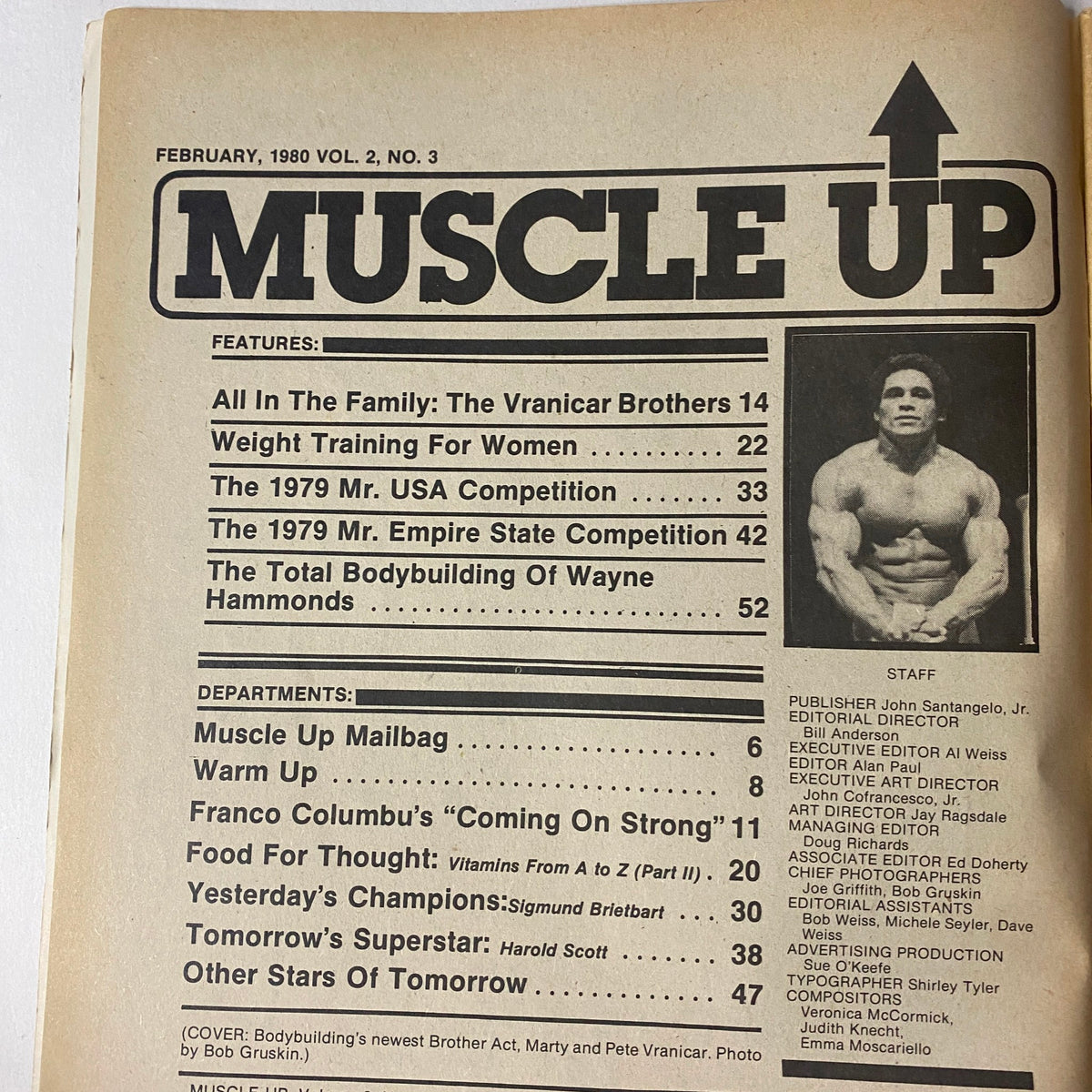 Muscle Up Magazine February 1980 featuring the Table of Contents with articles on bodybuilding, including 'All In The Family: The Vranicar Brothers', 'Weight Training For Women', and more.