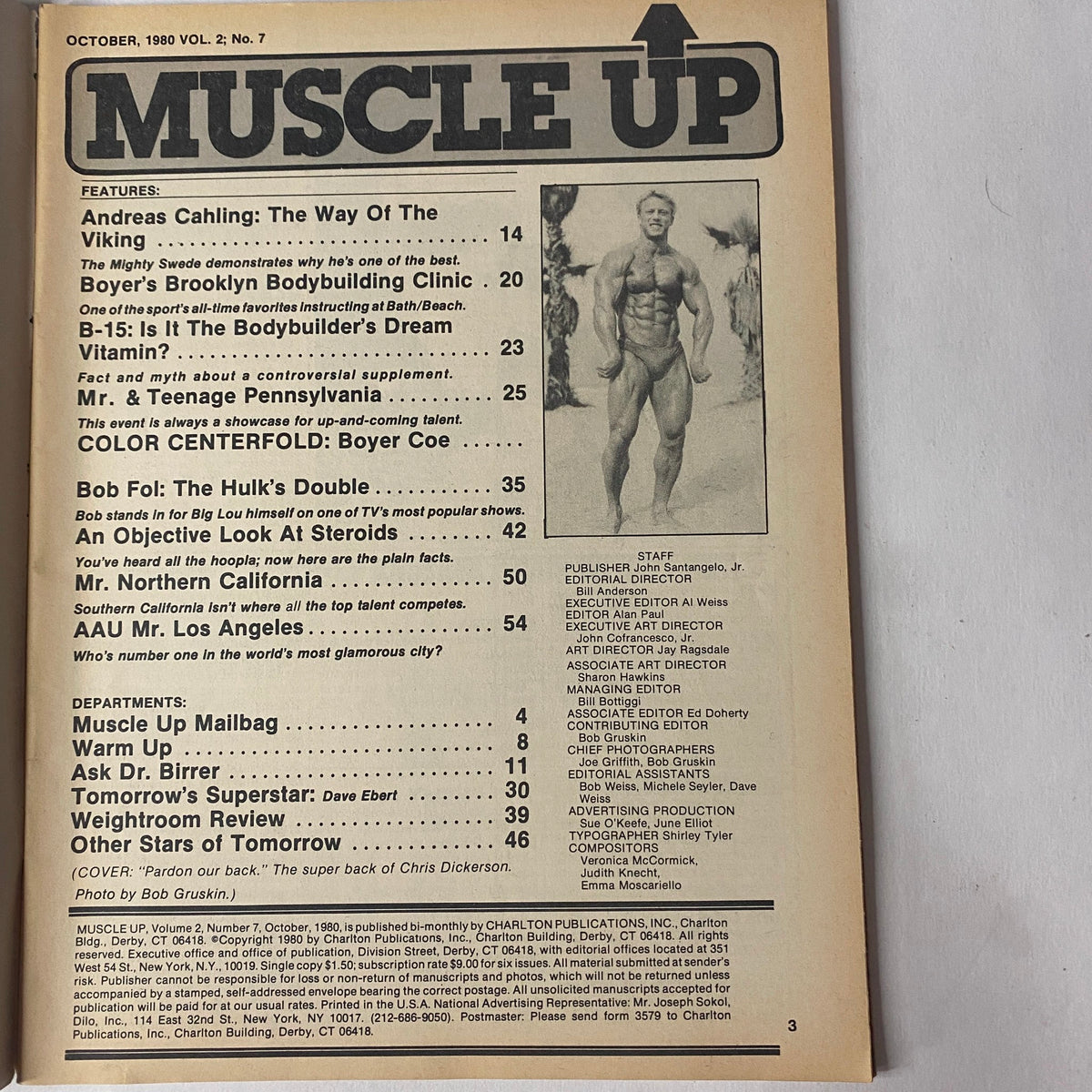 Cover page of Muscle Up Magazine October 1980 Vol 2 No. 7 showcasing the table of contents including features like Andreas Cahling and Boyer Coe.