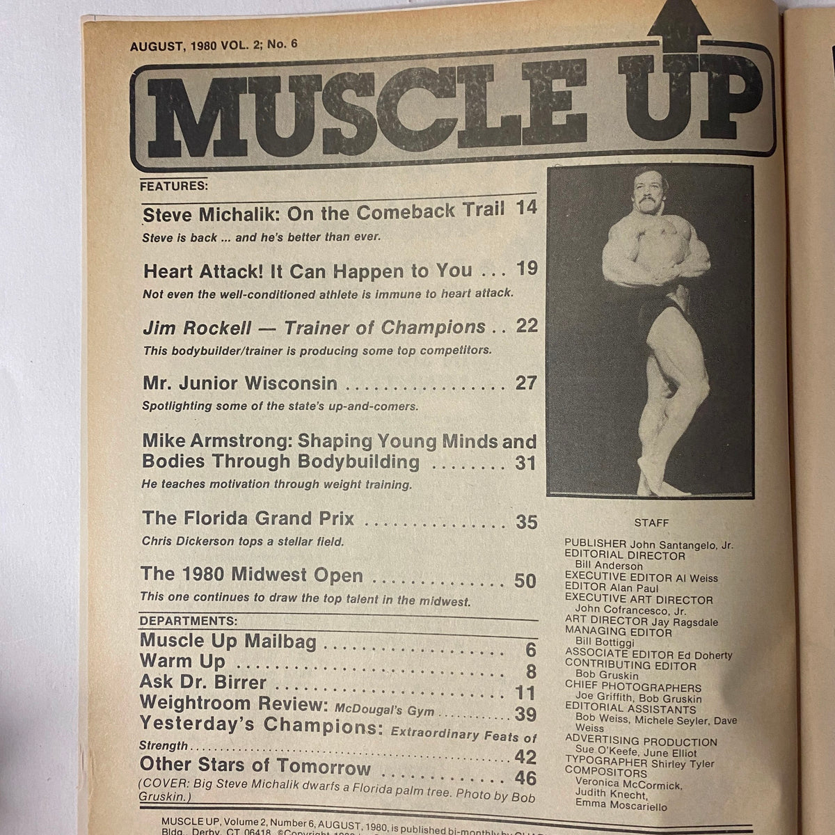 Inside page of Muscle Up Magazine August 1980 Vol 2 No 6 listing featured articles and highlights including Steve Michalik and various bodybuilding competitions.