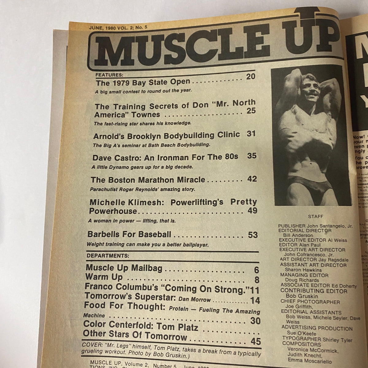 Inside page of Muscle Up Magazine June 1980 detailing the table of contents, featuring articles and topics covered.