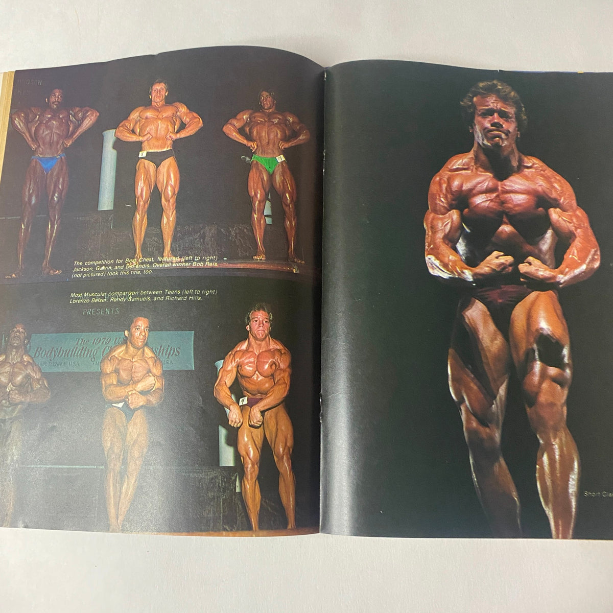 Double page spread from Muscle Up Magazine February 1980 featuring various competitors from the 1979 Mr. USA competition, showcasing bodybuilding poses.