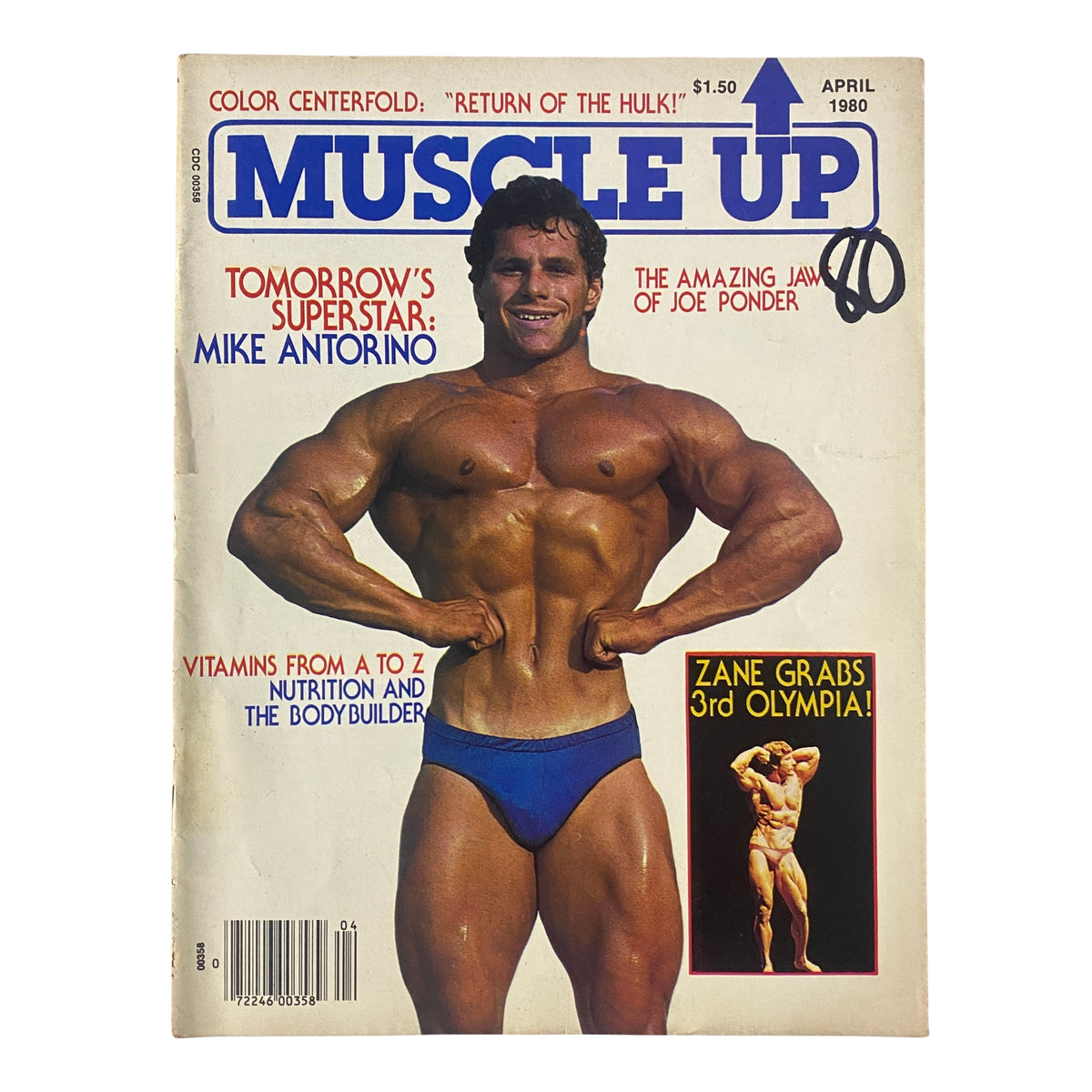 Cover of Muscle Up Magazine April 1980 Vol 2 No. 4 featuring Michael Antorino showcasing his physique, with the headline 'Tomorrow's Superstar: Mike Antorino'.