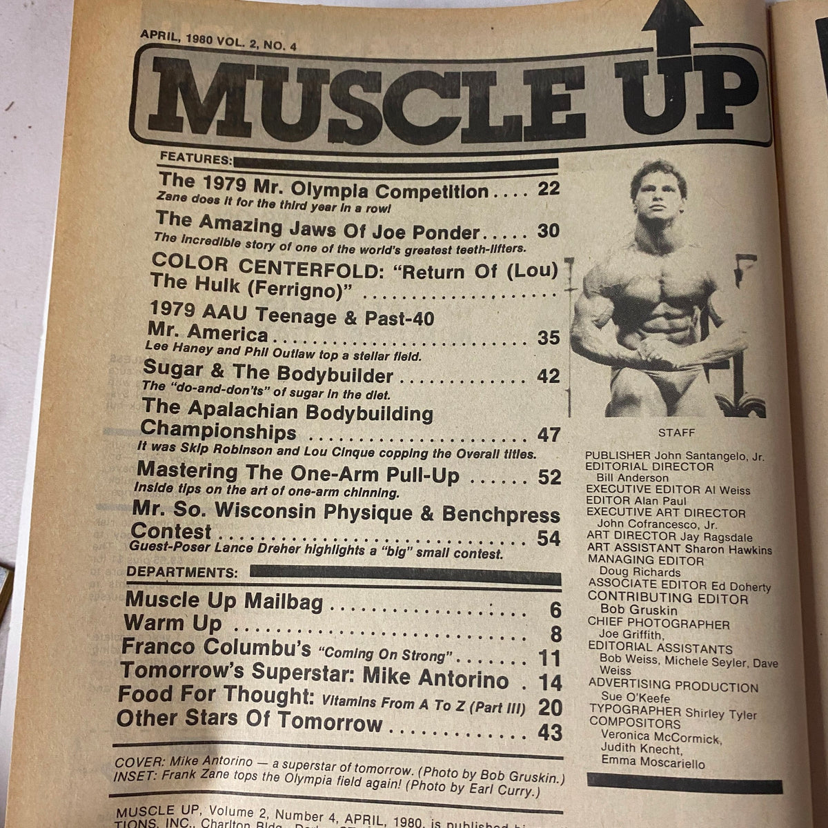 Table of Contents page from Muscle Up Magazine April 1980 Vol 2 No. 4 detailing featured articles and departments, including mentions of Frank Zane and Joe Ponder.