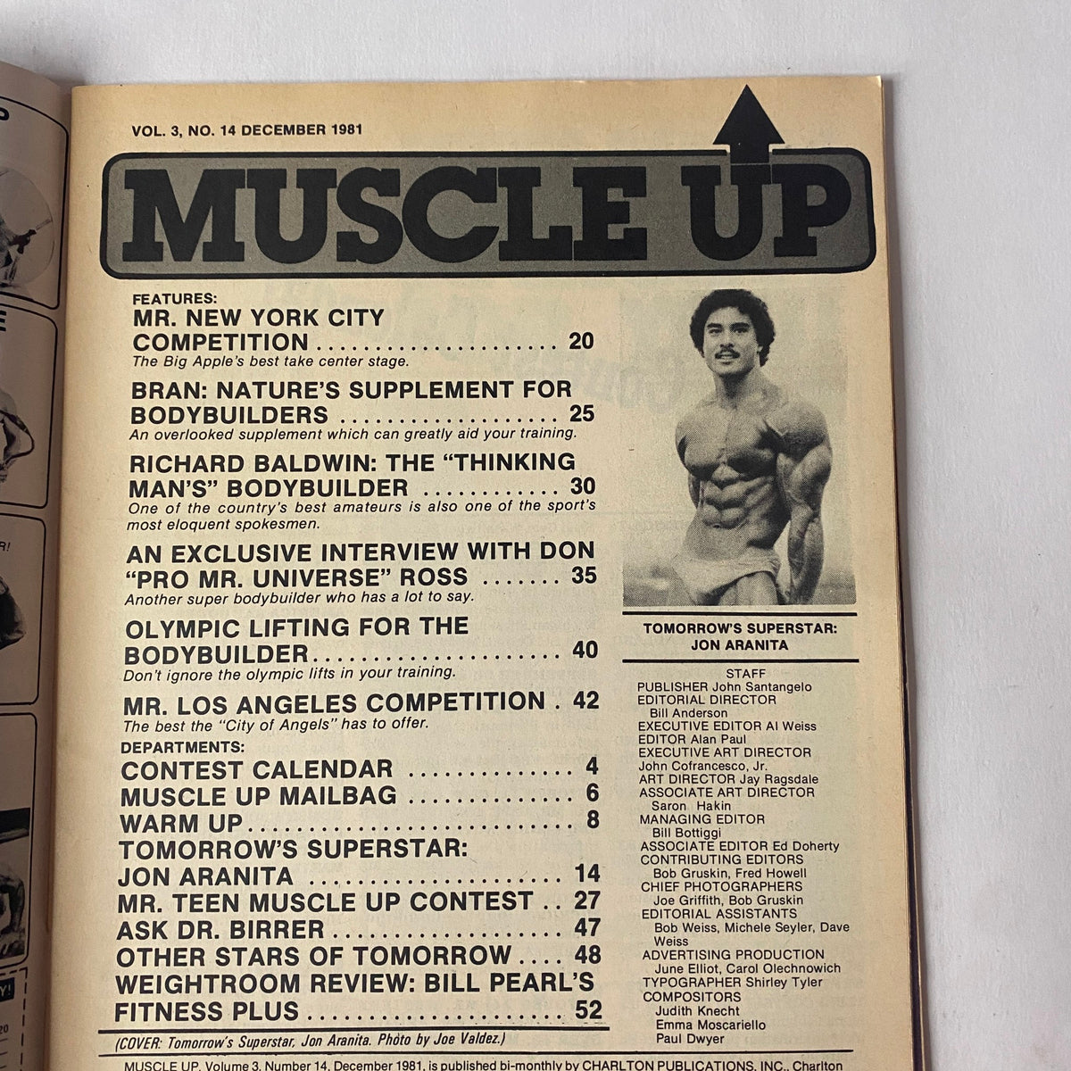Cover of Muscle Up Magazine December 1981 featuring Jon Aranita as 'Tomorrow's Superstar' with a focus on various bodybuilding competitions and features.