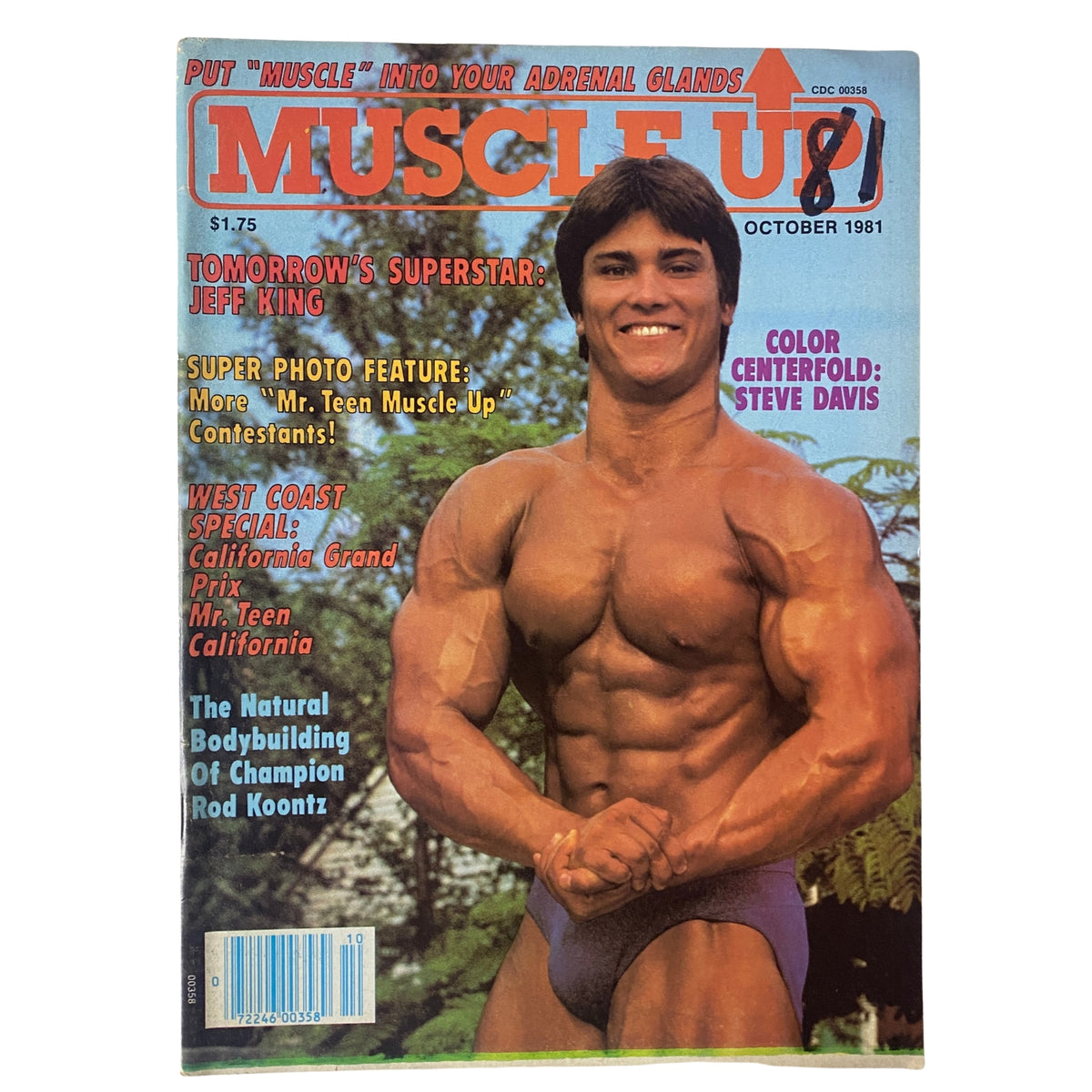 Muscle Up Magazine October 1981 Vol 3 No. 13 featuring Jeff King on the cover showcasing bodybuilding muscles, with a vibrant design and centerfold details.