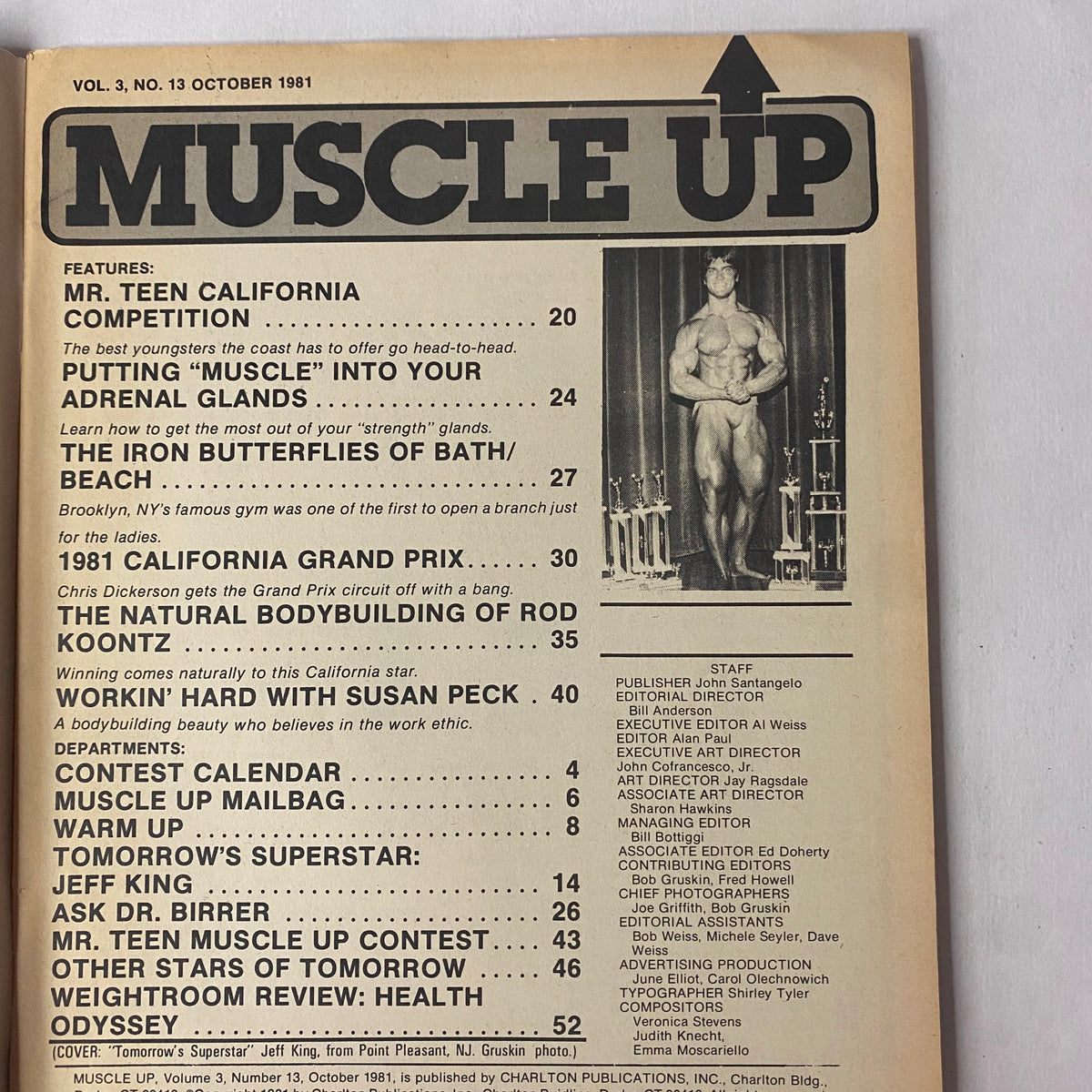 Interior page of Muscle Up Magazine October 1981 Vol 3 No. 13 displaying the table of contents, highlighting features like Mr. Teen California Competition and Tomorrow's Superstar: Jeff King.