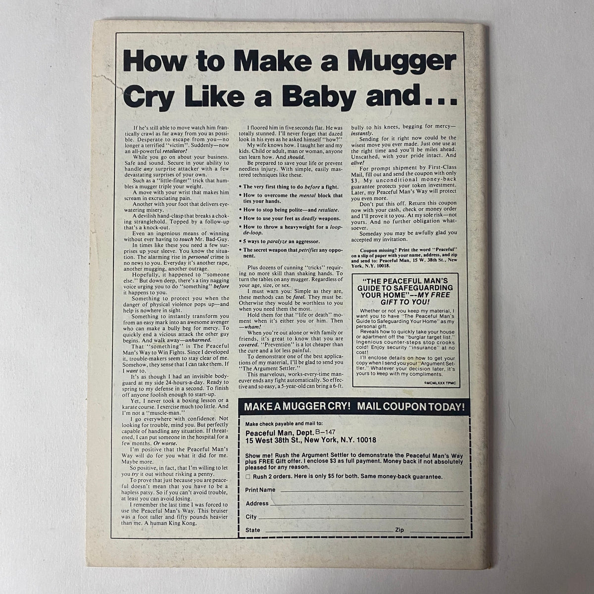 Back cover of Muscle Up Magazine June 1981 Vol 3 No. 11 featuring a humorous advertisement about making a mugger cry, showcasing vintage graphic design elements that reflect the period's aesthetic.