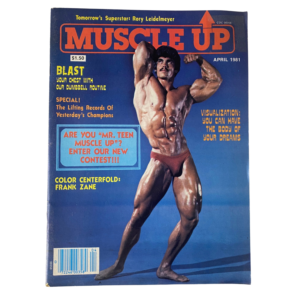 Cover of Muscle Up Magazine April 1981 Vol 3 No. 10 featuring Rory Leidelmeyer showcasing his physique with a strong pose and vibrant colors.
