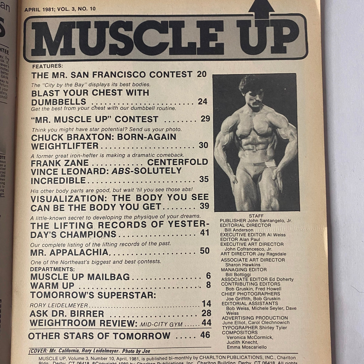 Table of Contents from Muscle Up Magazine April 1981 Vol 3 No. 10, listing features including the Mr. San Francisco Contest and Frank Zane.