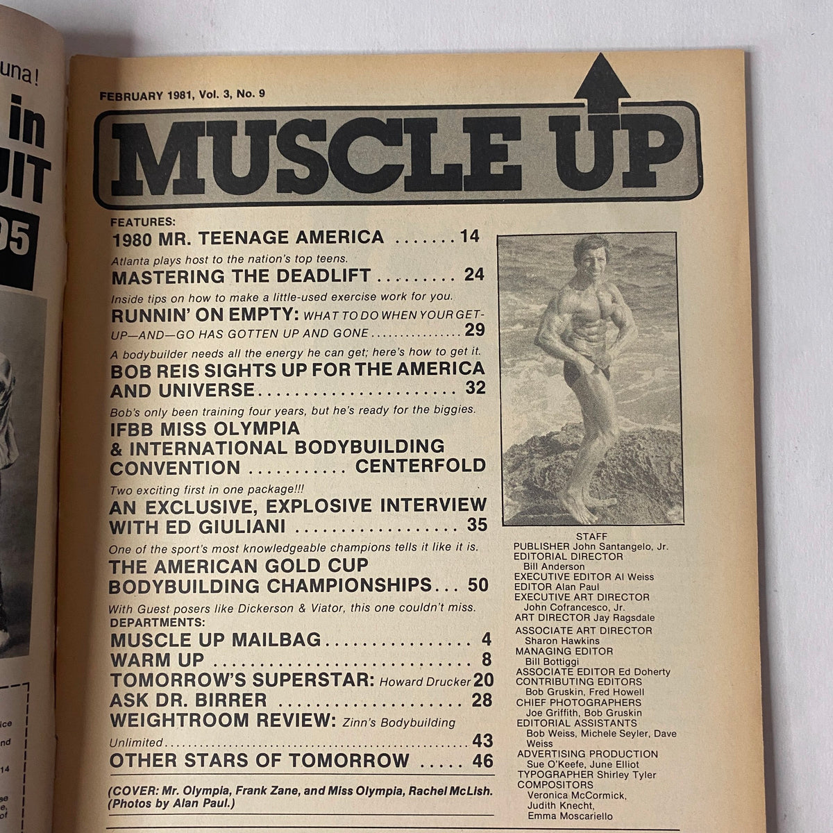 Table of Contents from Muscle Up Magazine February 1981 Vol 3 No. 9, highlighting features such as the 1980 Mr. Teenage America and an exclusive interview with Ed Giuliani.