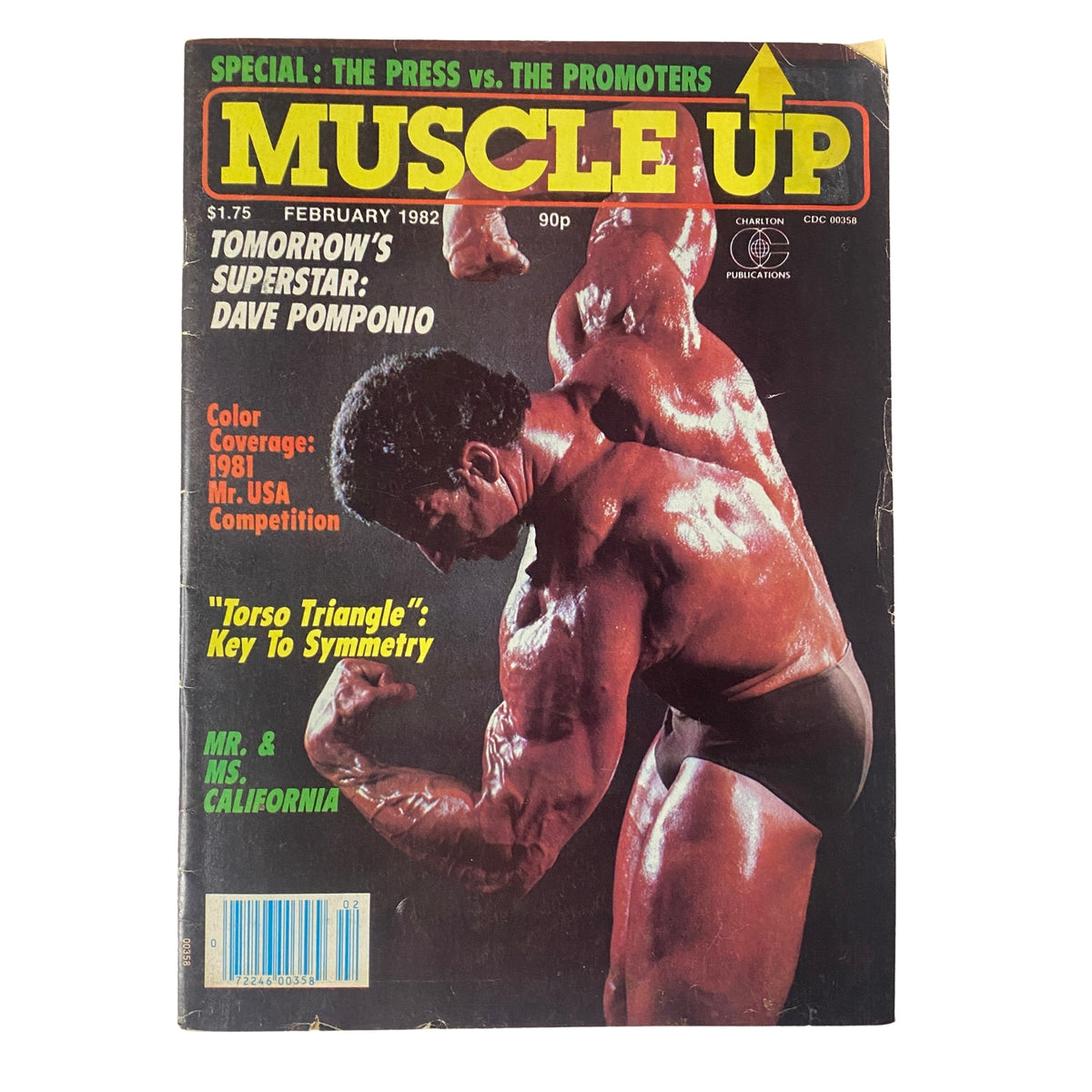 Cover of Muscle Up Magazine February 1982 Vol. 4 No. 15 featuring Dave Pomponio, showcasing bodybuilding highlights and competition previews.