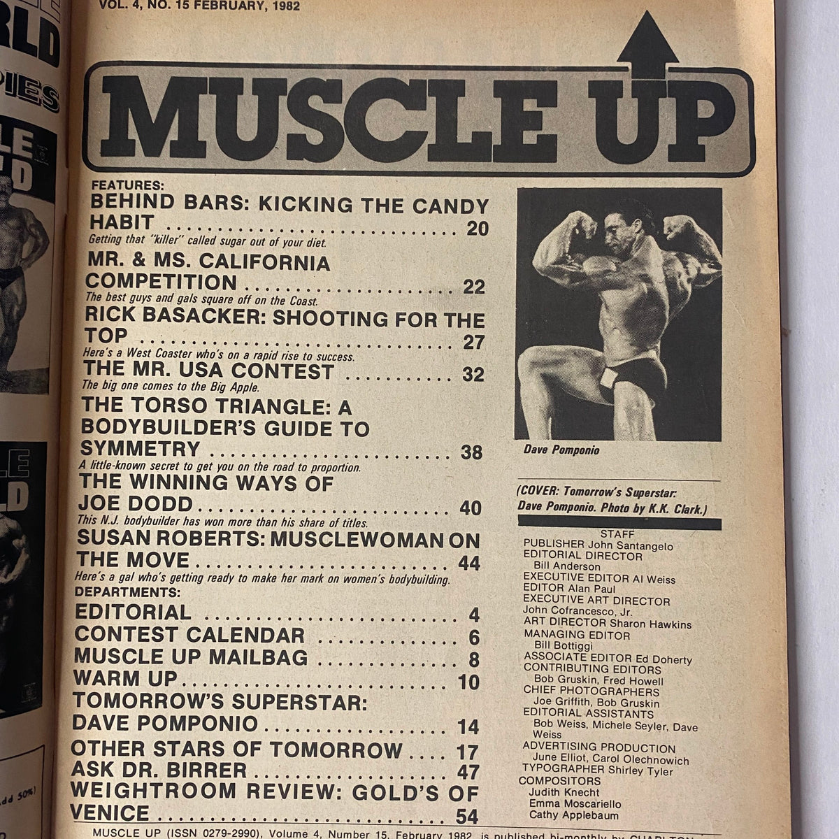Table of contents from Muscle Up Magazine February 1982 Vol. 4 No. 15 detailing featured articles including Mr. California Competition and tips on symmetry for bodybuilders.