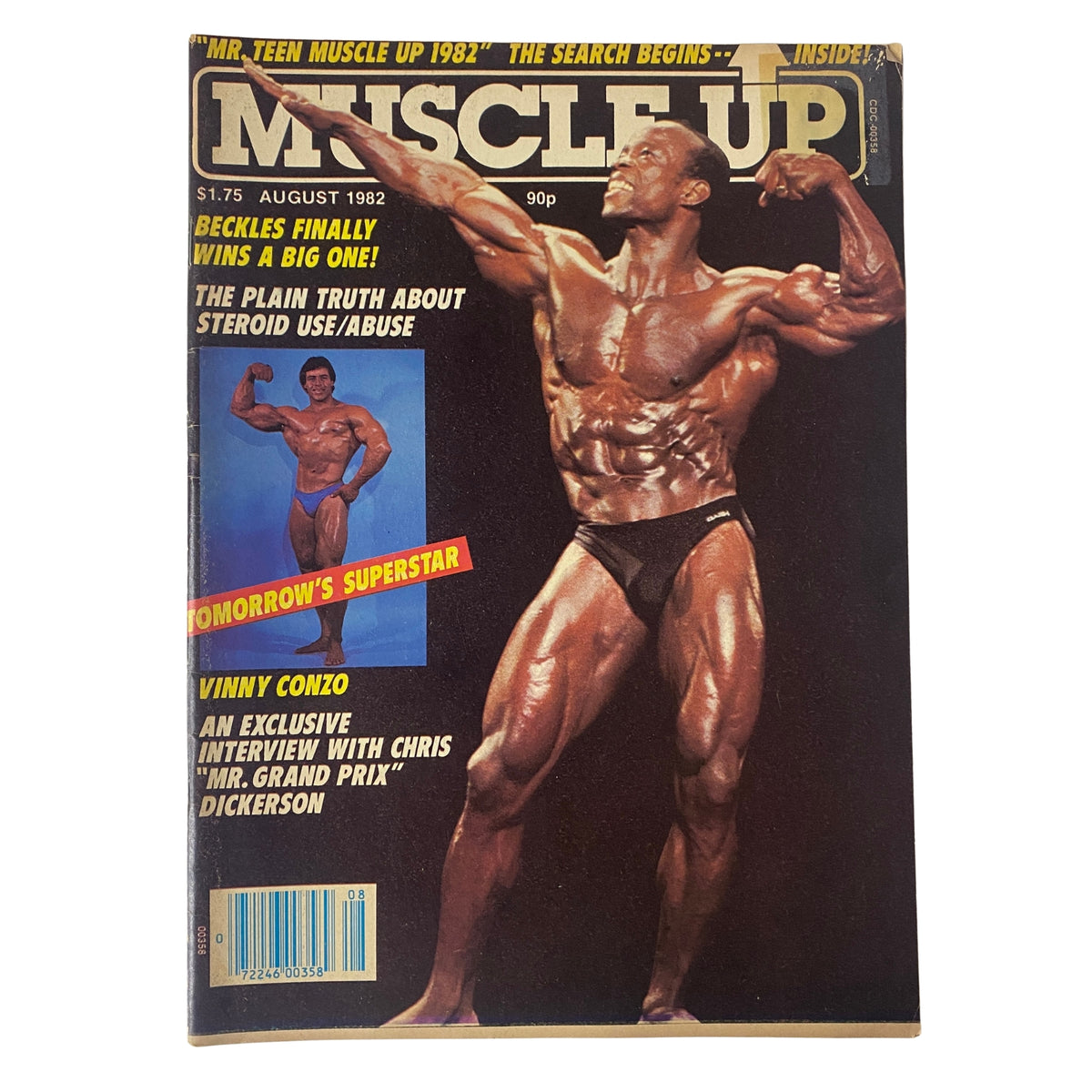 Muscle Up Magazine August 1982 cover featuring Albert Beckles showcasing bodybuilding prowess, with highlights on steroid use and an exclusive interview with Chris Dickerson, making it a valuable collectible for fitness enthusiasts.