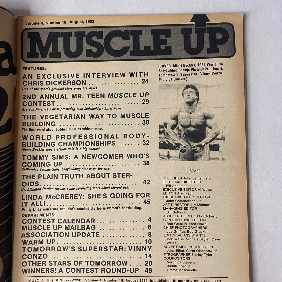 Cover of Muscle Up Magazine August 1982 Vol 4 No. 18 featuring article highlights and an exclusive interview with Chris Dickerson.