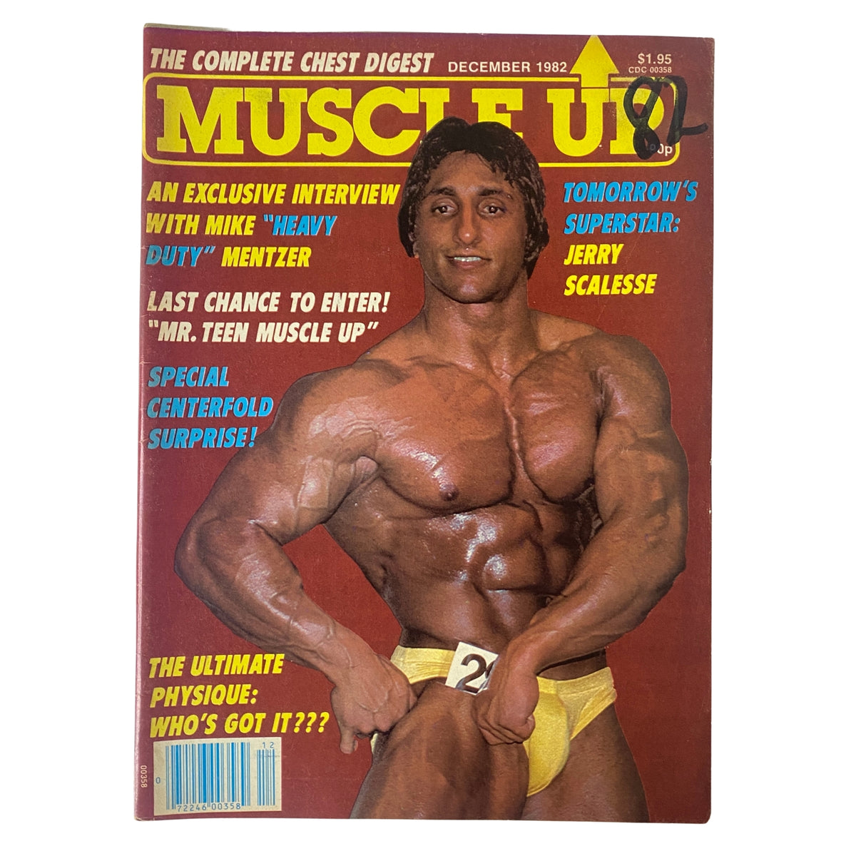 Cover of Muscle Up Magazine December 1982, Vol 4 No 20 featuring bodybuilder Jerry Scalesse, highlighting exclusive content including an interview with Mike 'Heavy Duty' Mentzer and a centerfold.