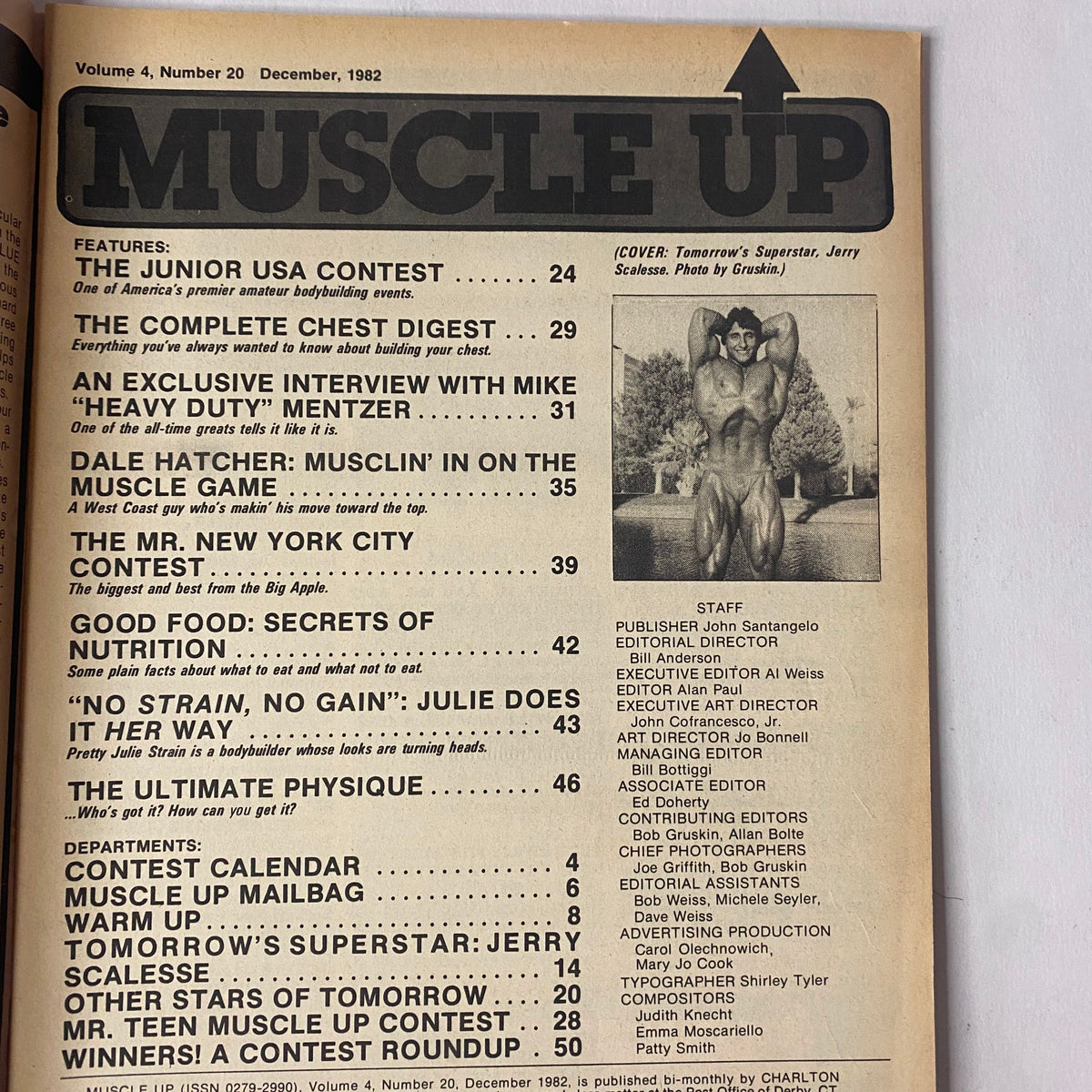 Table of contents for Muscle Up Magazine December 1982, Vol 4 No 20, listing features like The Junior USA Contest and articles on nutrition, showcasing contributors and upcoming segments.