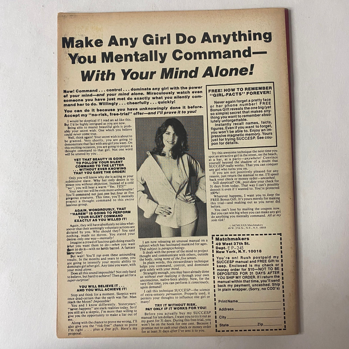 Back cover of Muscle Up Magazine December 1982 illustrating an ad on mental control and attraction techniques with an engaging layout.