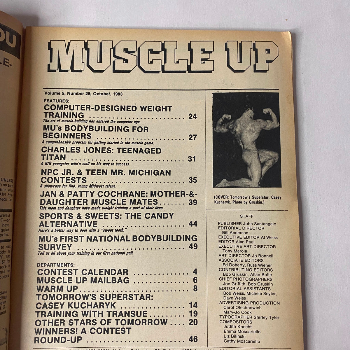 Table of Contents page from Muscle Up Magazine October 1983 Vol 5 No. 25, detailing features and articles including Computer-Designed Weight Training and MU's Bodybuilding for Beginners.