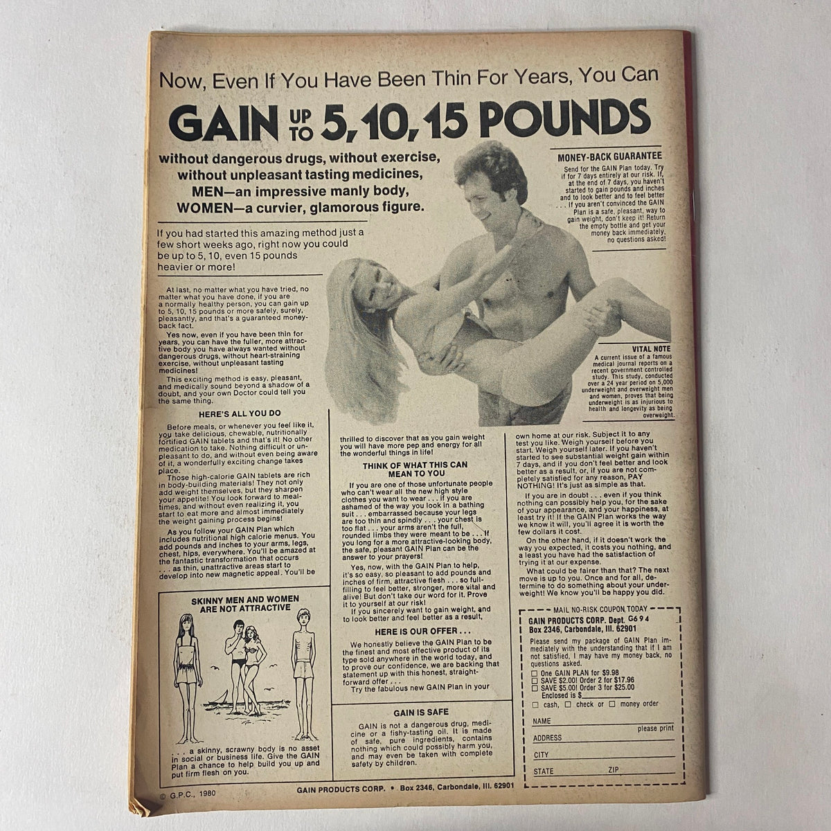 Back cover of Muscle Up Magazine October 1983 Vol 5 No 25 featuring advertisement for weight gain products, highlighting promises to gain 5, 10, or 15 pounds without dangerous drugs or unpleasant side effects.