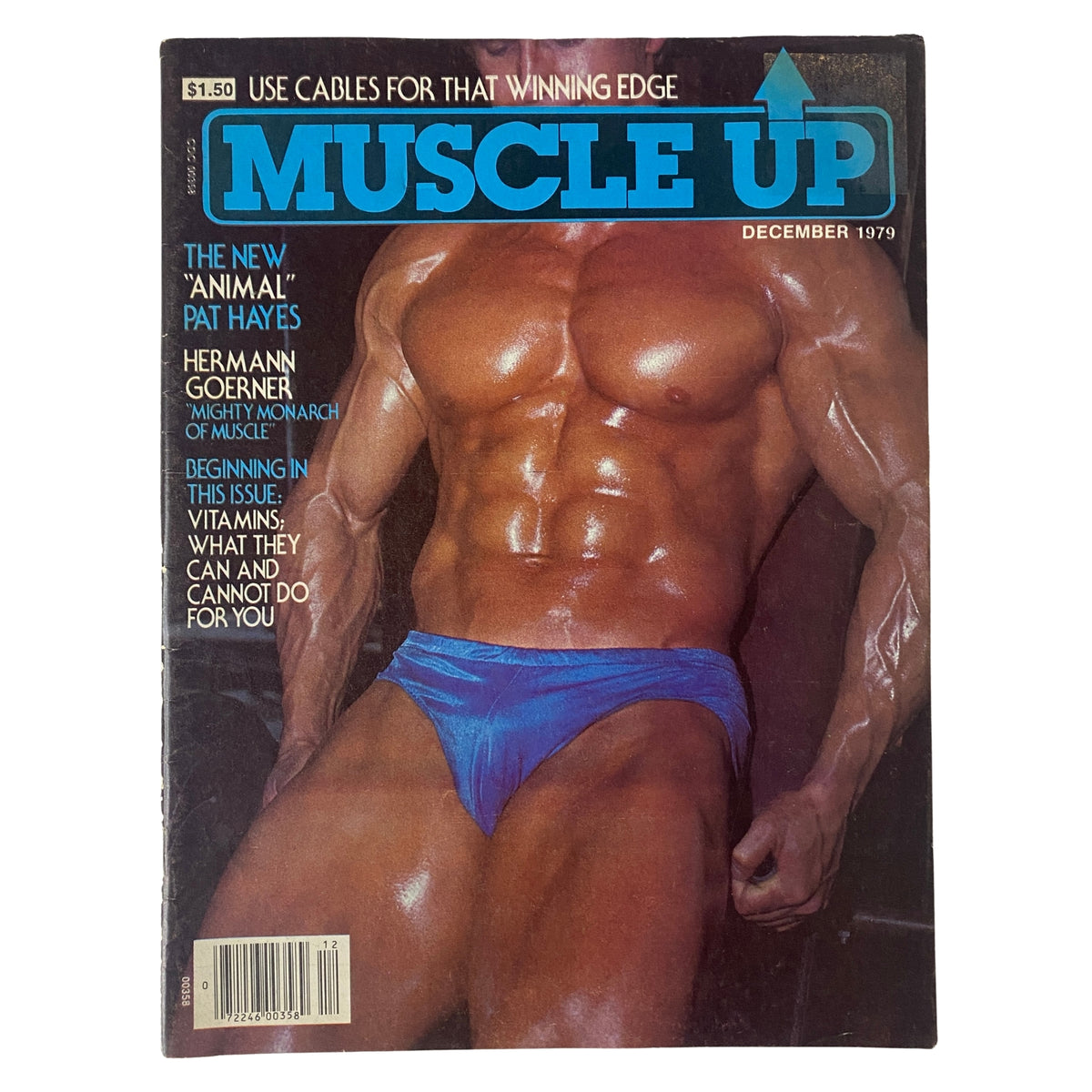 Cover of Muscle Up Magazine December 1979 featuring bodybuilder Pat Hayes and showcasing his impressive physique with a headline about cable training.
