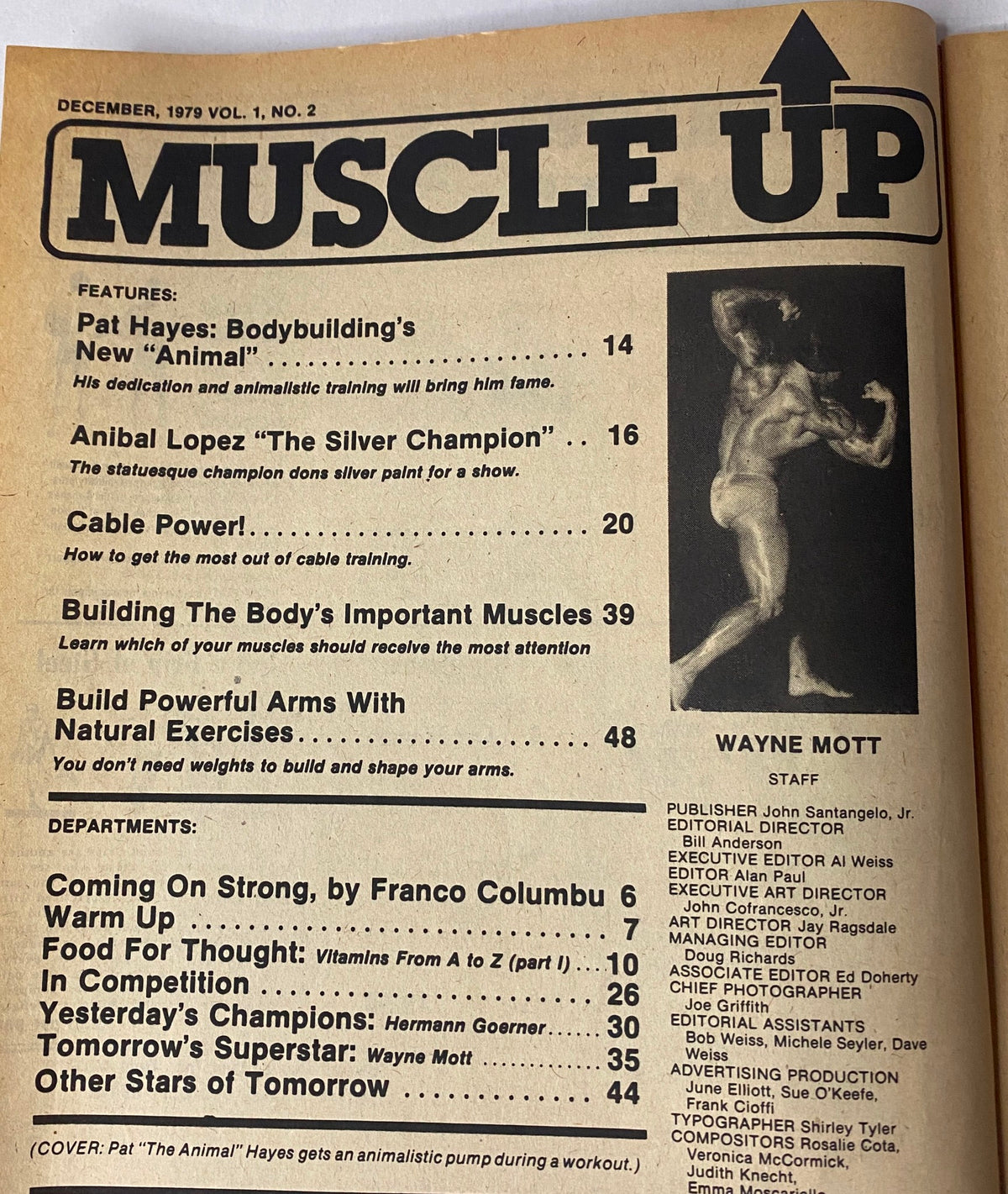 Table of contents page from Muscle Up Magazine December 1979, listing features including Pat Hayes, Anibal Lopez, and various training tips.