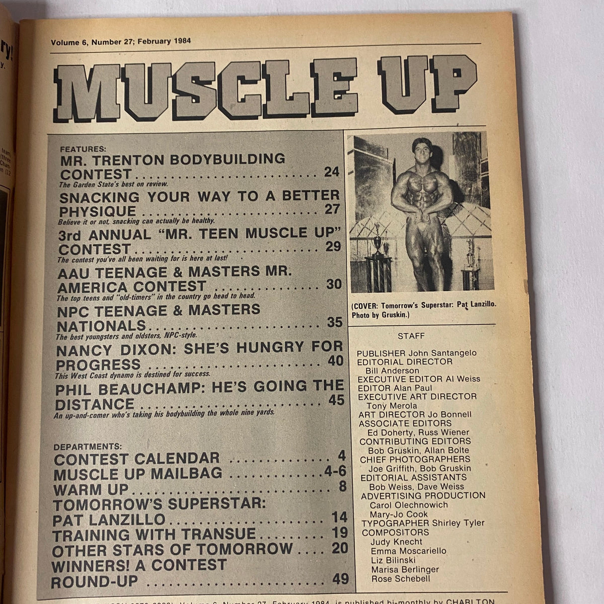 Inside page of Muscle Up Magazine February 1984 Vol. 6 No. 27 listing features, including Mr. Trenton Contest, and articles on bodybuilding and nutrition.