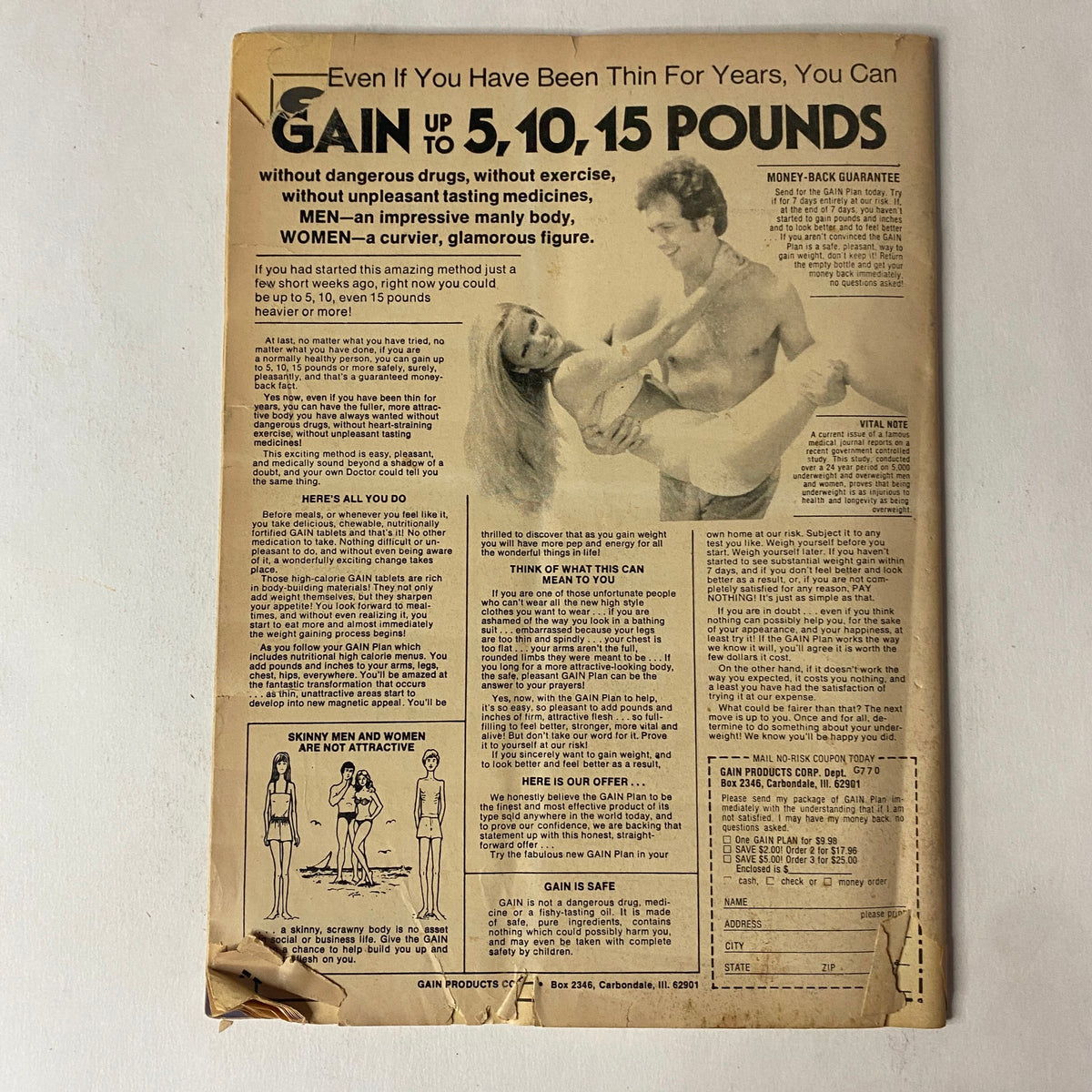 Back cover of Muscle Up Magazine February 1984 Vol. 6 No. 27 featuring an advertisement for gaining weight and muscle, with instructions and illustrations.