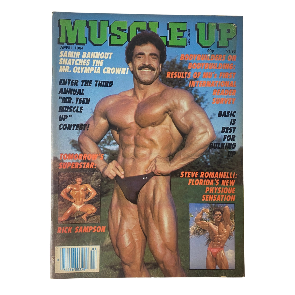 Muscle Up Magazine April 1984 Vol 6 No 28 featuring Samir Bannout on the cover, showcasing his muscular physique as the newly crowned Mr. Olympia.