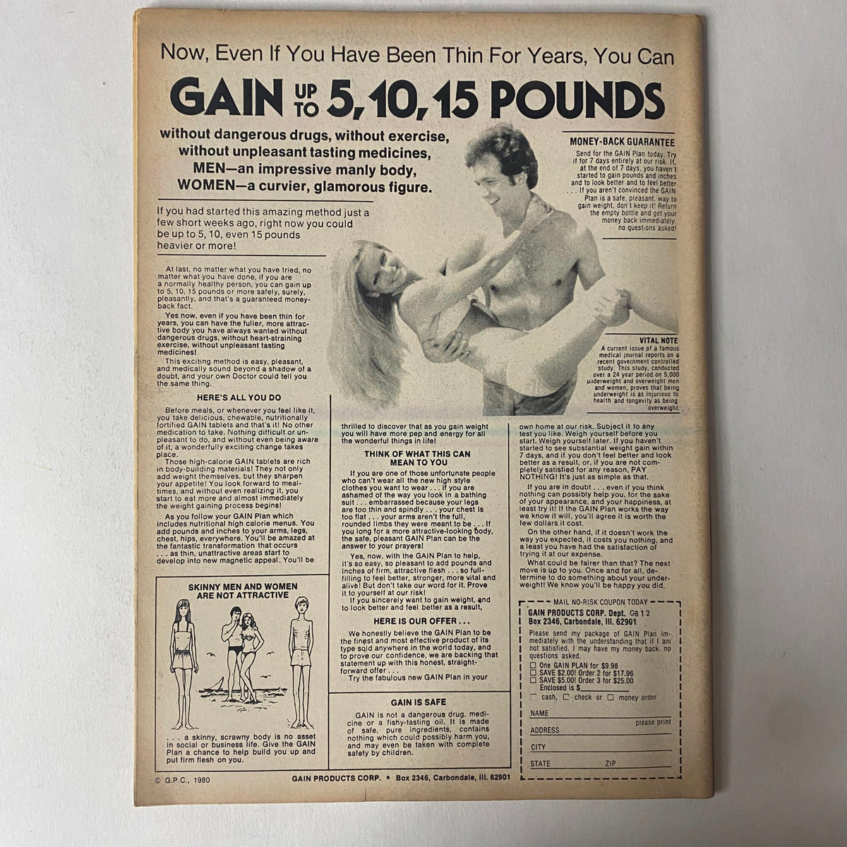 Back cover of Muscle Up Magazine April 1984 Vol 6 No 28, advertising bodybuilding supplements and fitness programs for gaining weight.