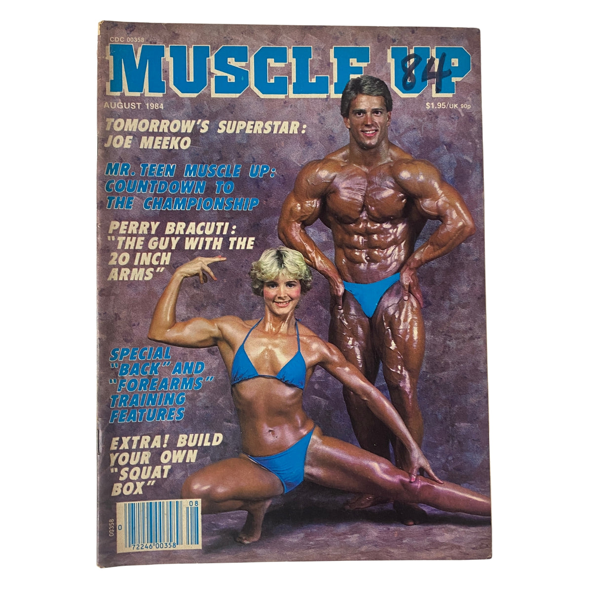 Cover of Muscle Up Magazine August 1984 Vol 6 No 30 featuring Tomorrow's Superstar Joe Meeko and Dawn Herring in blue swimwear.