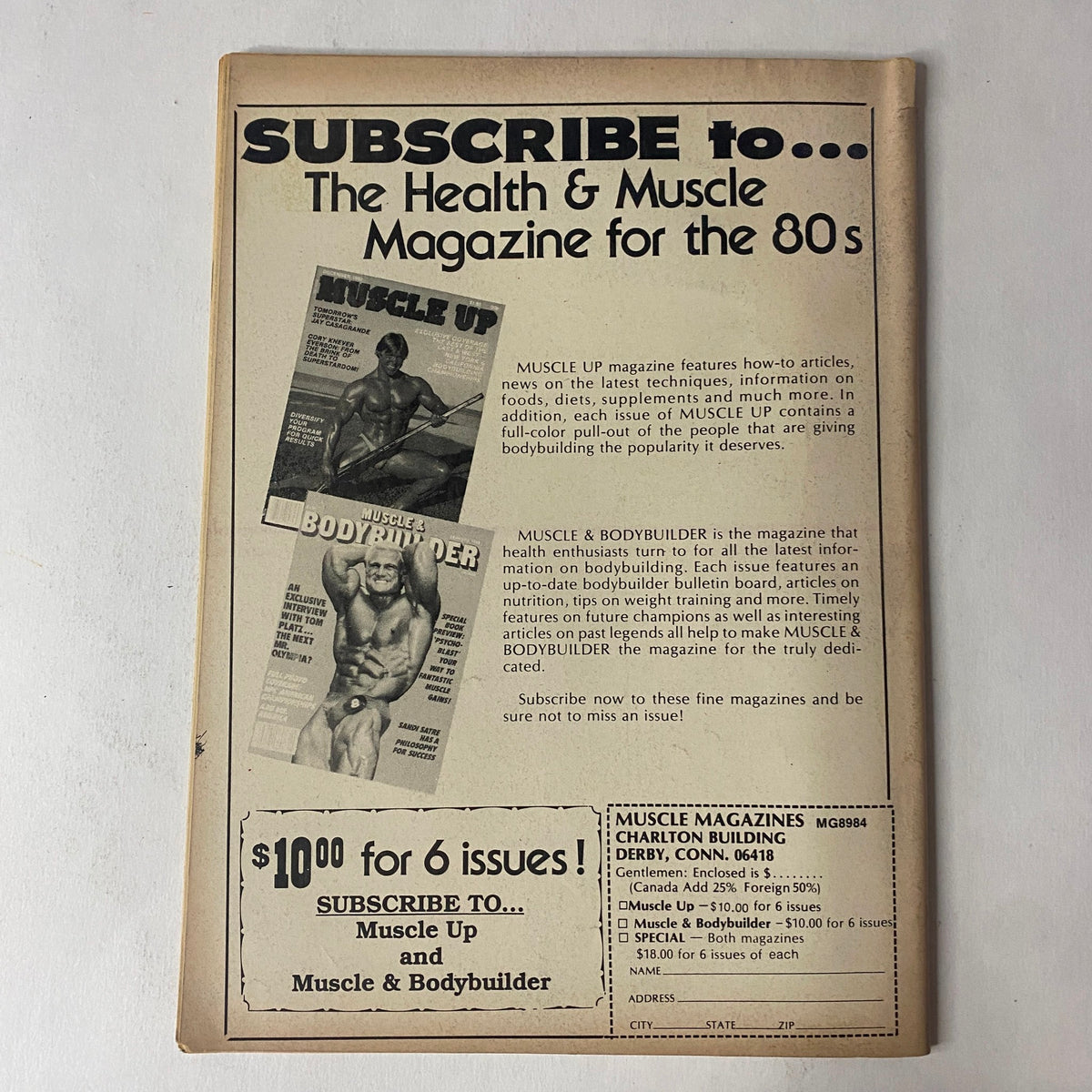 Back cover of Muscle Up Magazine August 1984 Vol 6 No 30, promoting subscriptions and highlighting health and muscle topics.