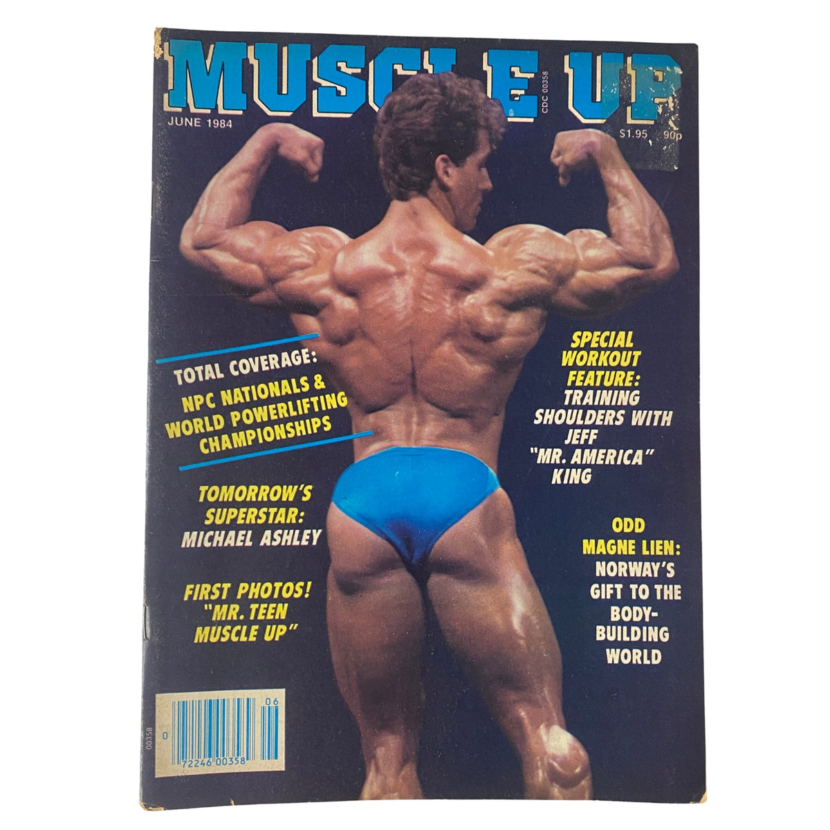 Cover of Muscle Up Magazine June 1984 Vol 6 No. 29 featuring a bodybuilder showcasing a back pose, highlighting the 'Mr. America' training feature. Collectible publication from the golden age of bodybuilding.